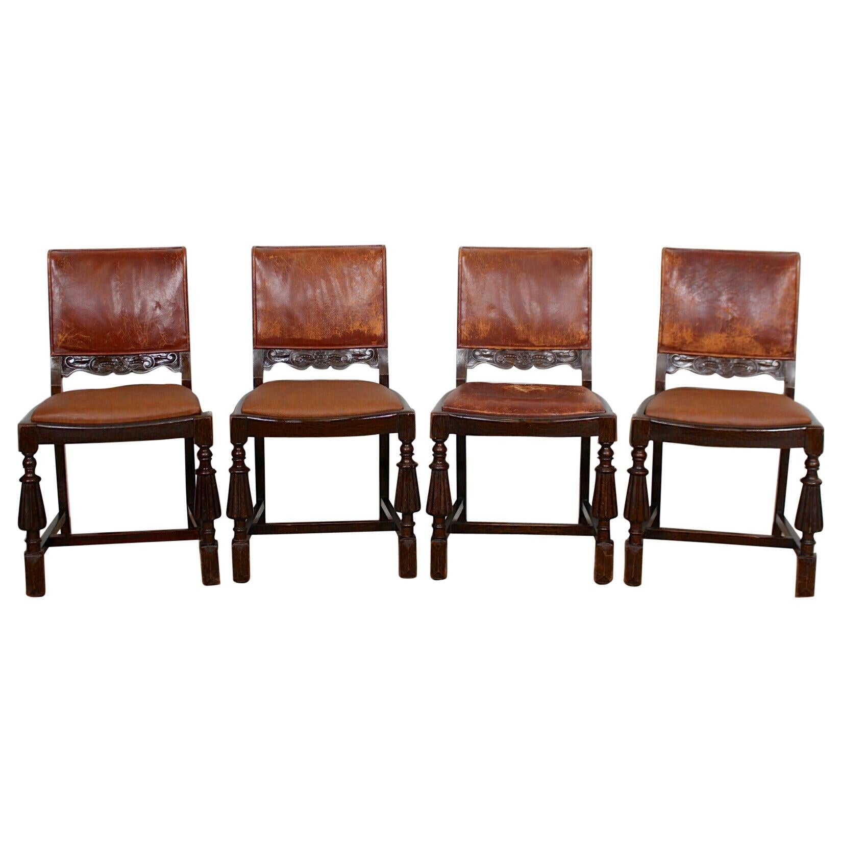4 English Carved Oak Leather Dining Chairs Antique For Sale at 1stDibs