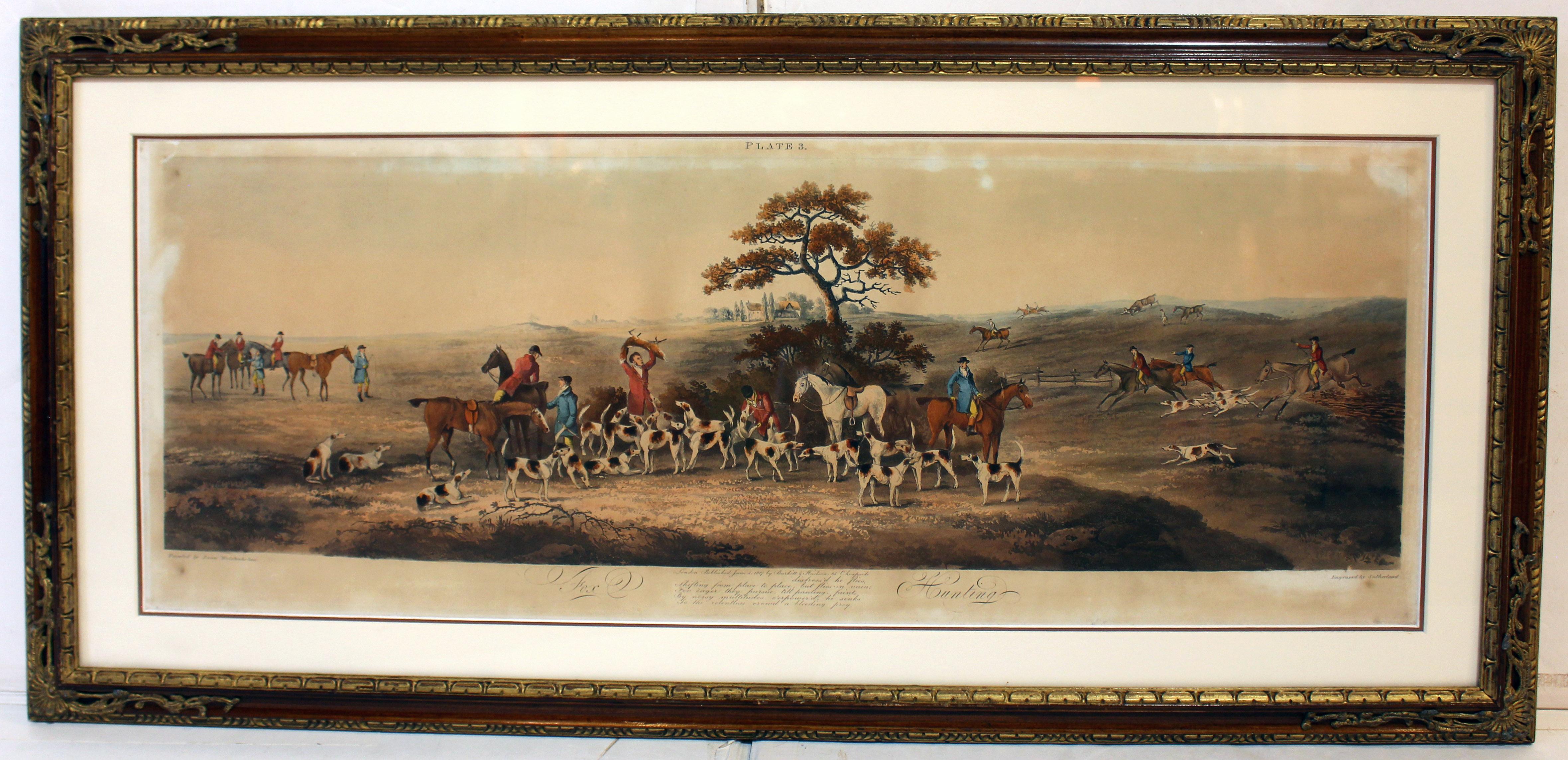 4 Stampe di caccia inglesi dipinte da D. Wolstenholme e stampate da Sutherland, 1817 In condizioni buone in vendita a Chapel Hill, NC
