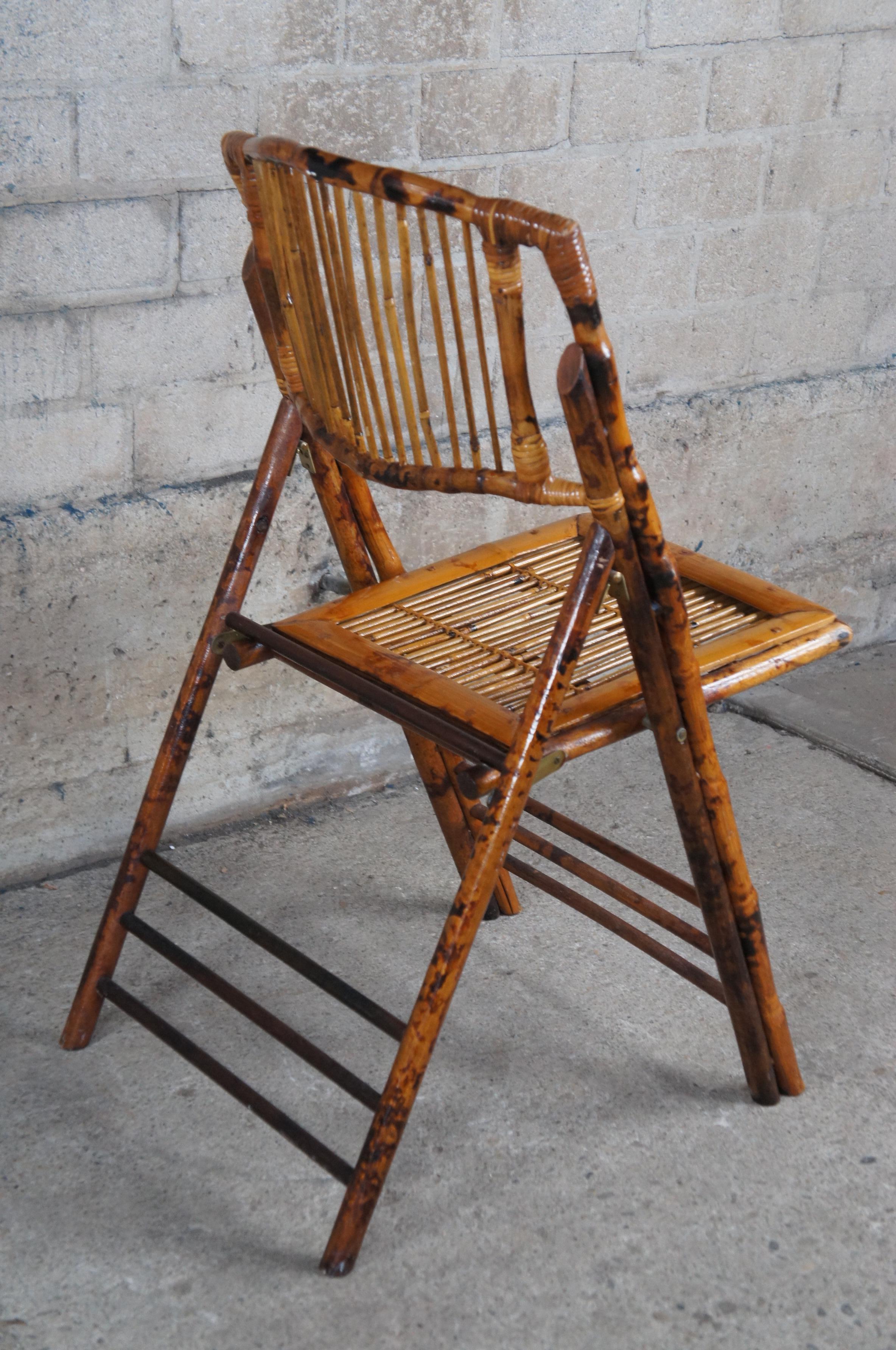 Mid-Century Modern 4 English Midcentury Scorched Bamboo & Rattan Folding Side Chairs Slatted Backs For Sale