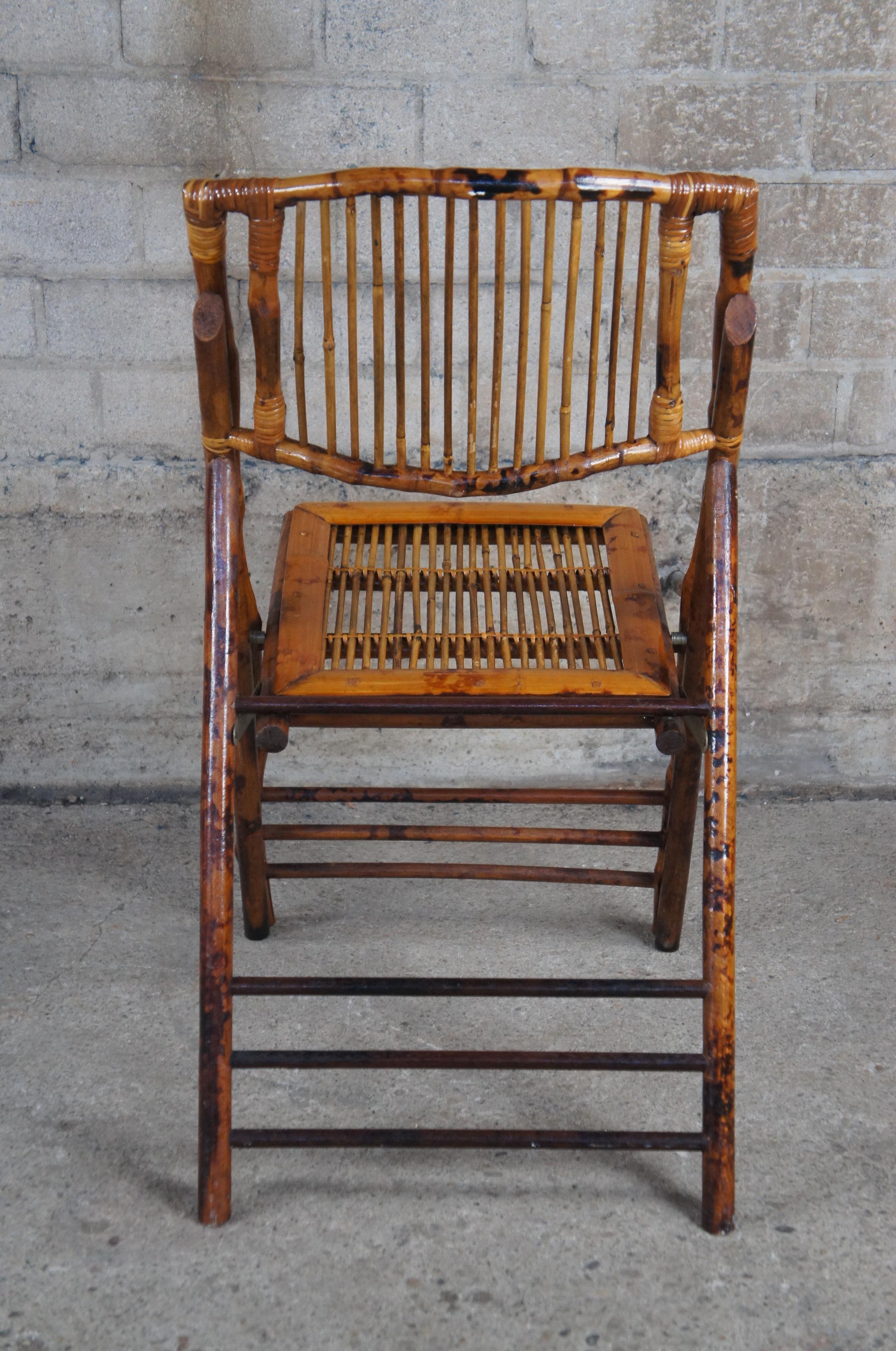 4 English Midcentury Scorched Bamboo & Rattan Folding Side Chairs Slatted Backs In Good Condition For Sale In Dayton, OH