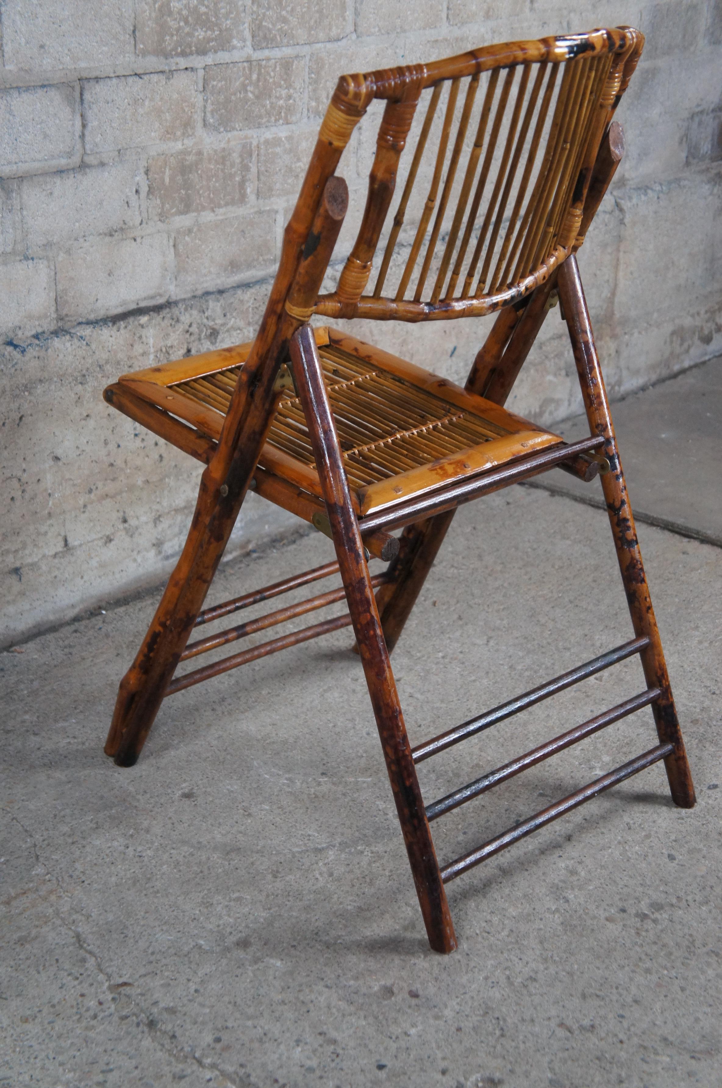 20th Century 4 English Midcentury Scorched Bamboo & Rattan Folding Side Chairs Slatted Backs For Sale