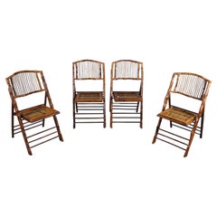 4 English Midcentury Scorched Bamboo & Rattan Folding Side Chairs Slatted Backs