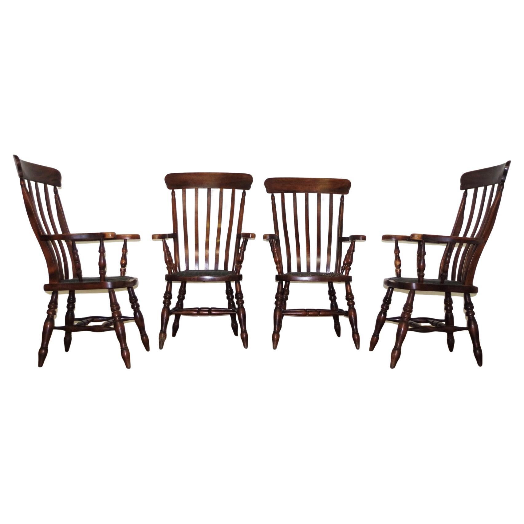 4 English Windsor Farmhouse Chairs - Early 20th Century Beech