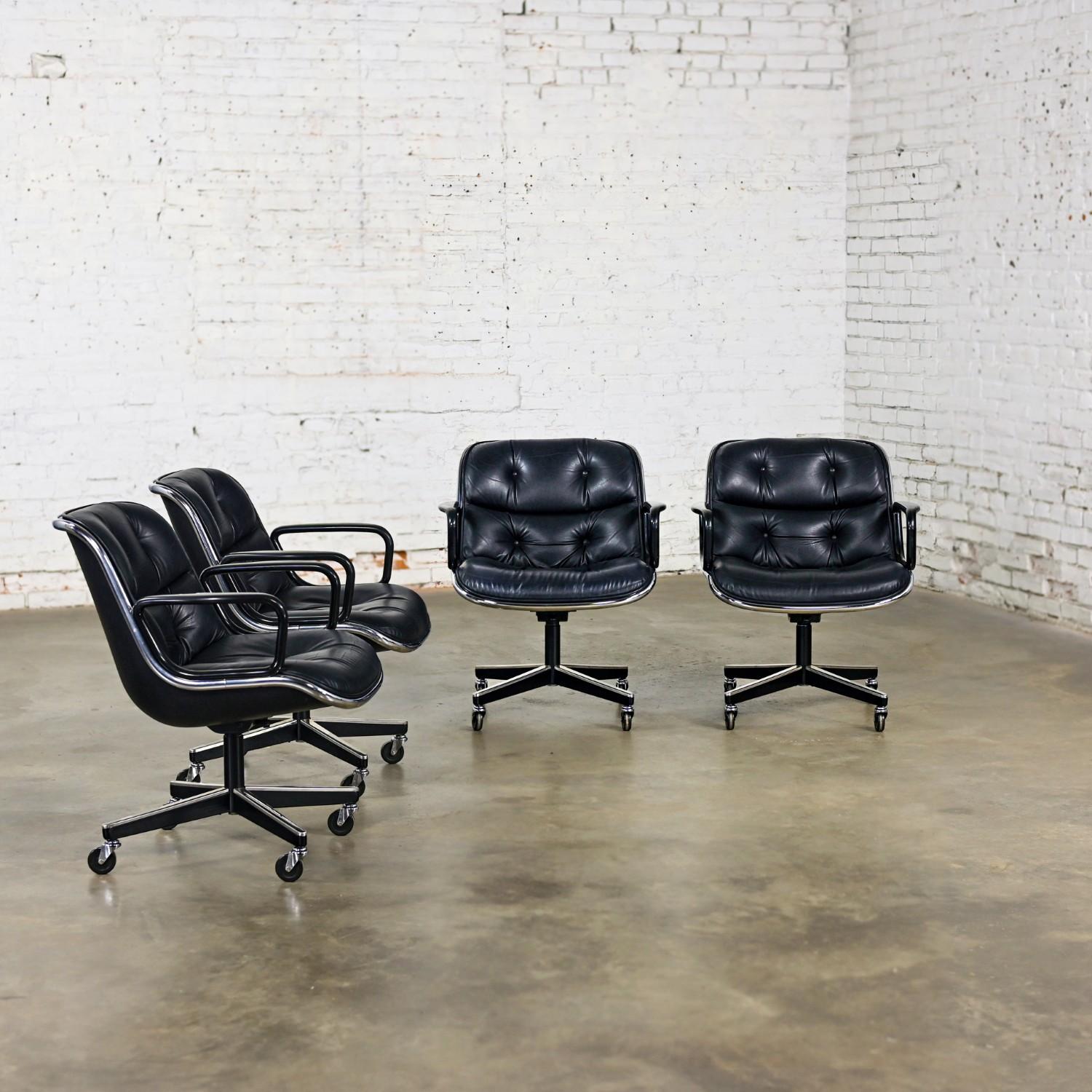 4 Fauteuils de direction par Charles Pollock pour Knoll Cuir noir et base à 4 branches en vente 13