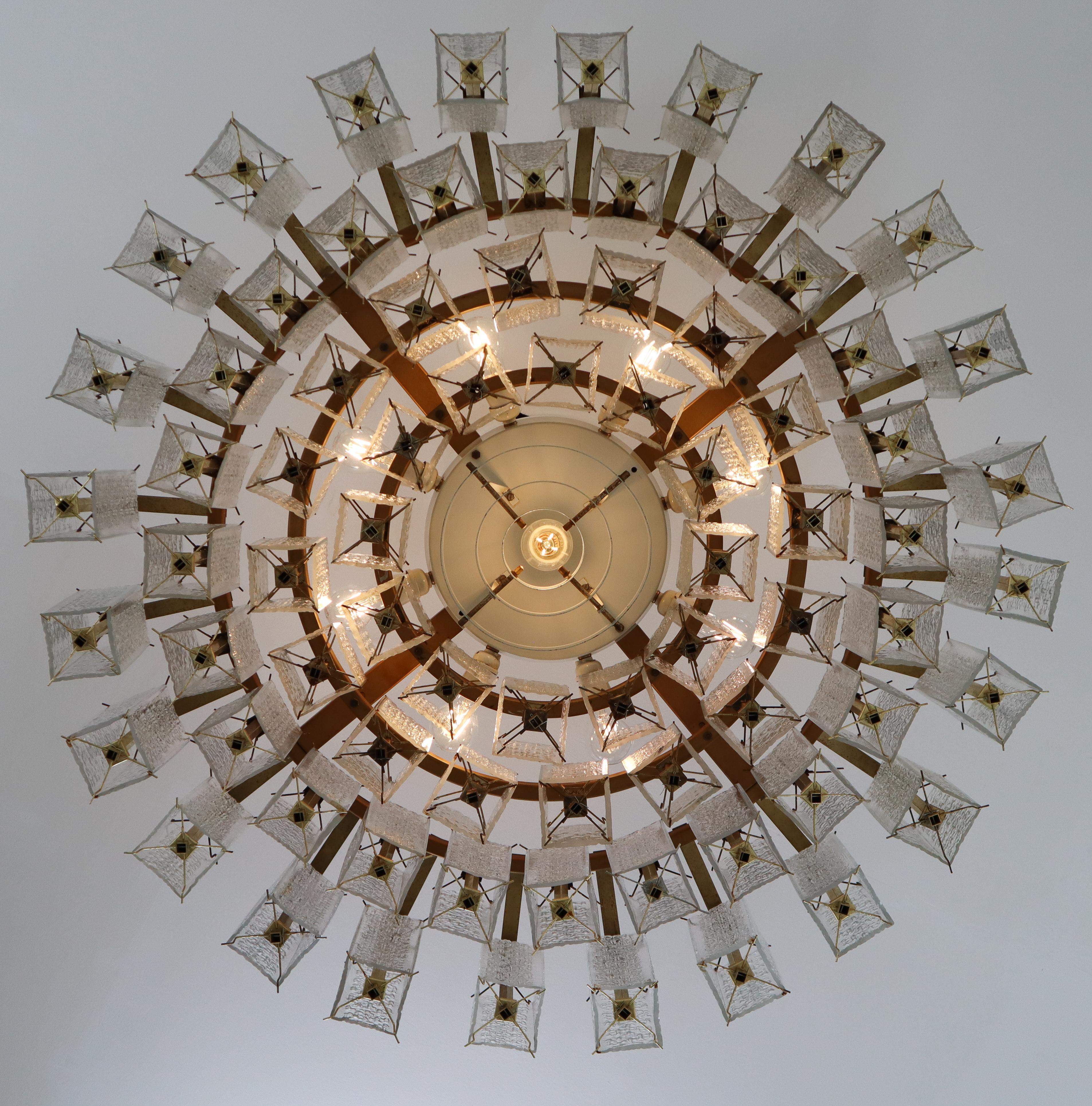 4 Extreme Large Midcentury Chandeliers in Structured Glass and Brass from Europe 5