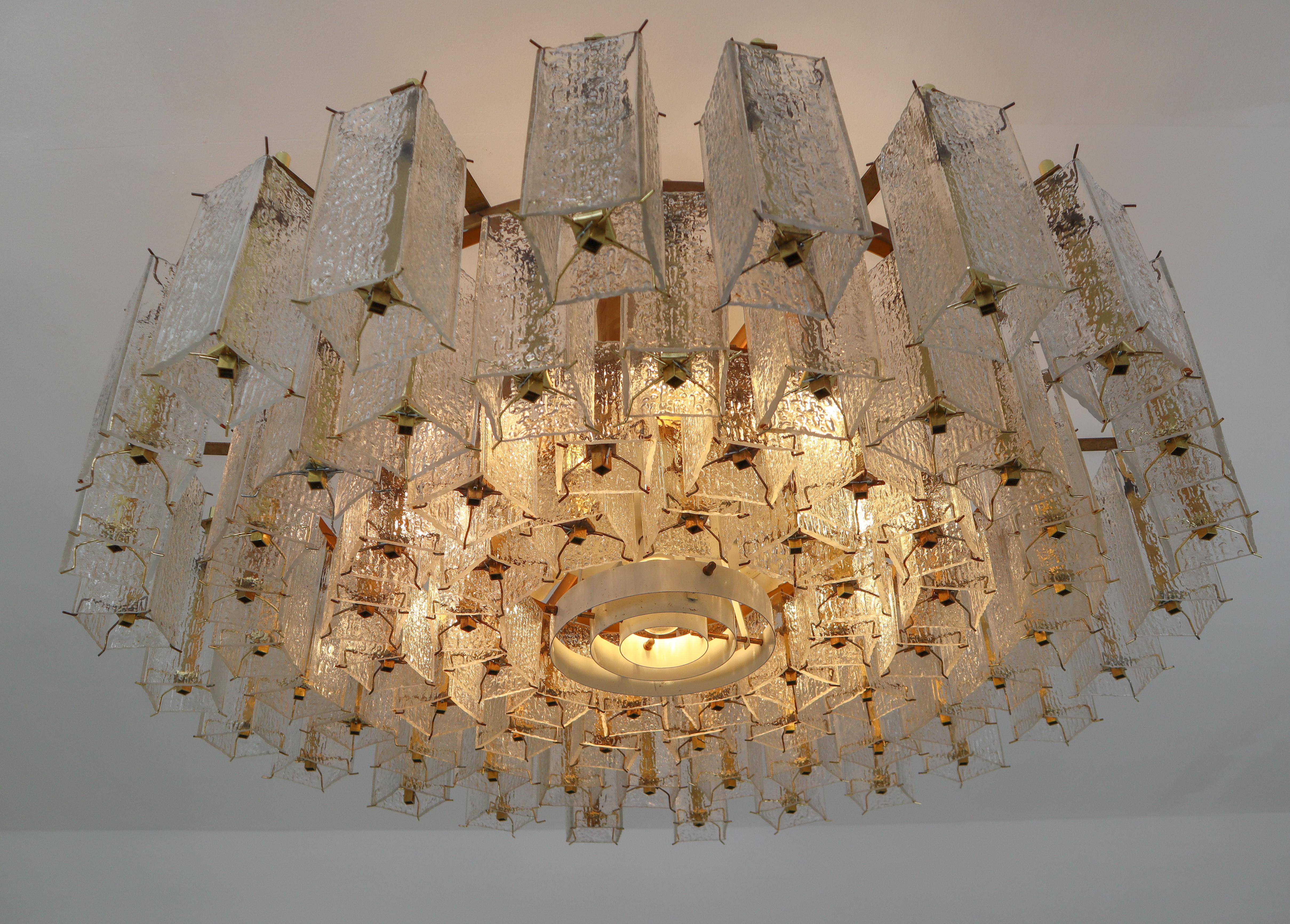 4 Extreme Large Midcentury Chandeliers in Structured Glass and Brass from Europe 9