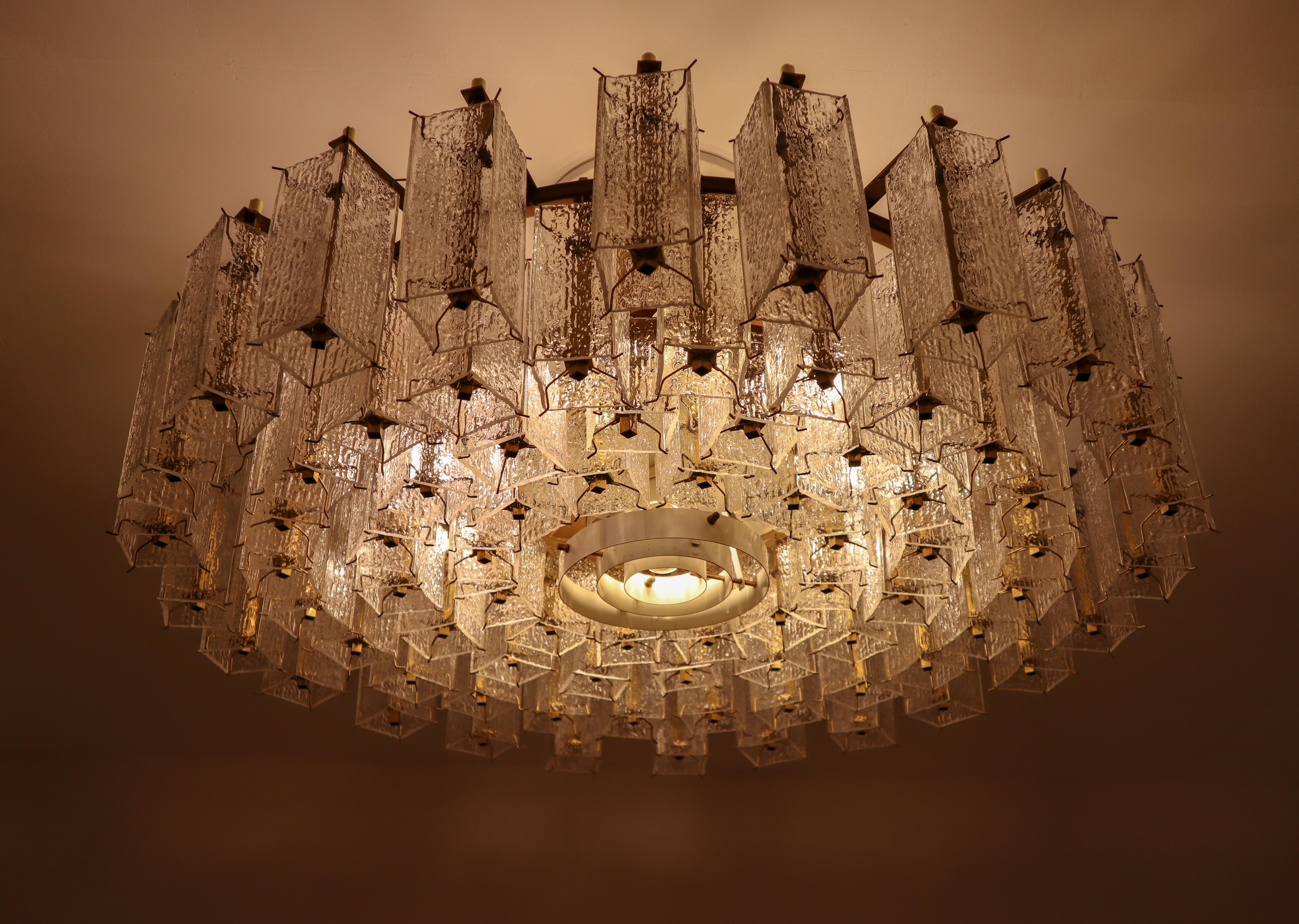 4 Extreme Large Midcentury Chandeliers in Structured Glass and Brass from Europe 10