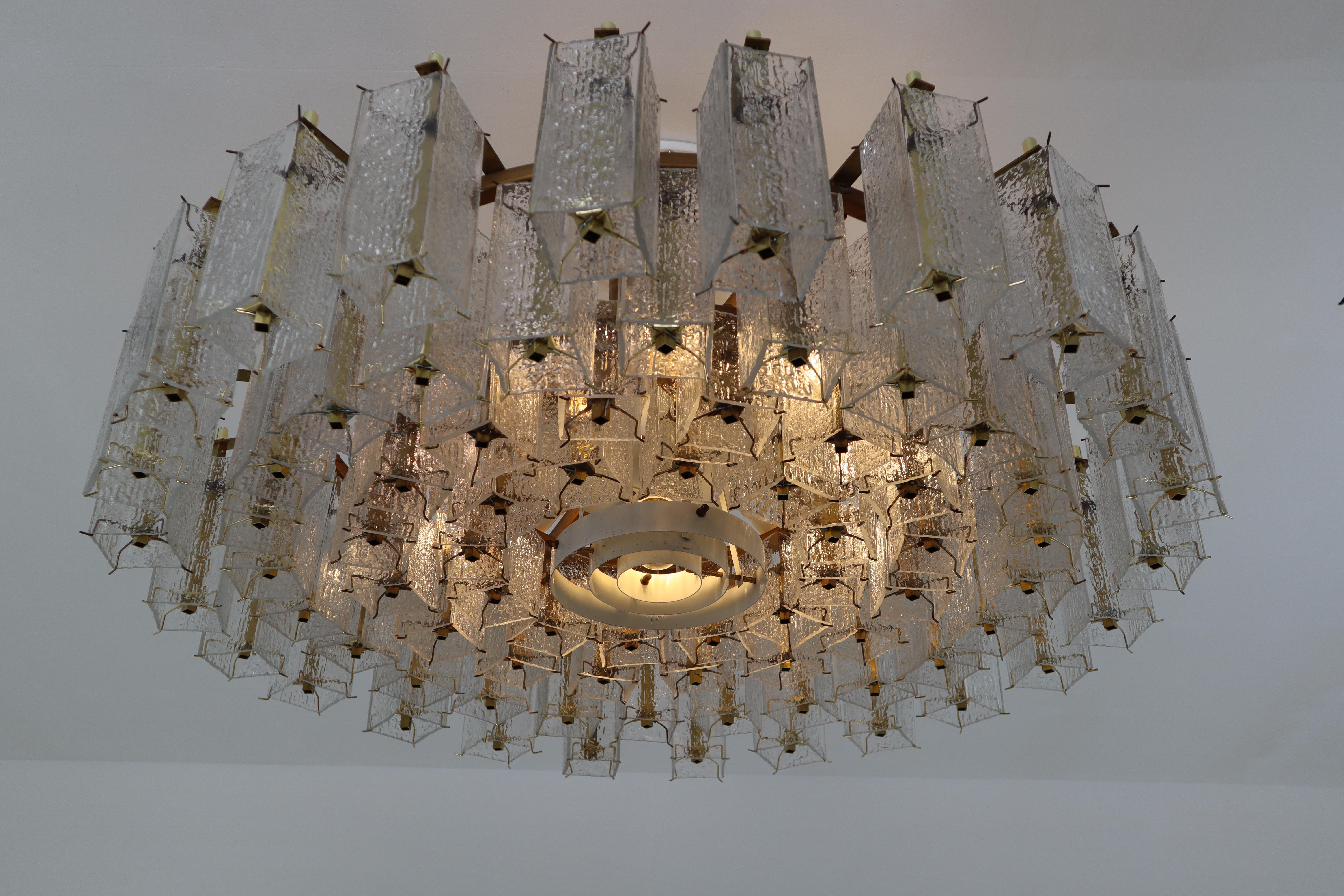 4 Extreme Large Midcentury Chandeliers in Structured Glass and Brass from Europe 11