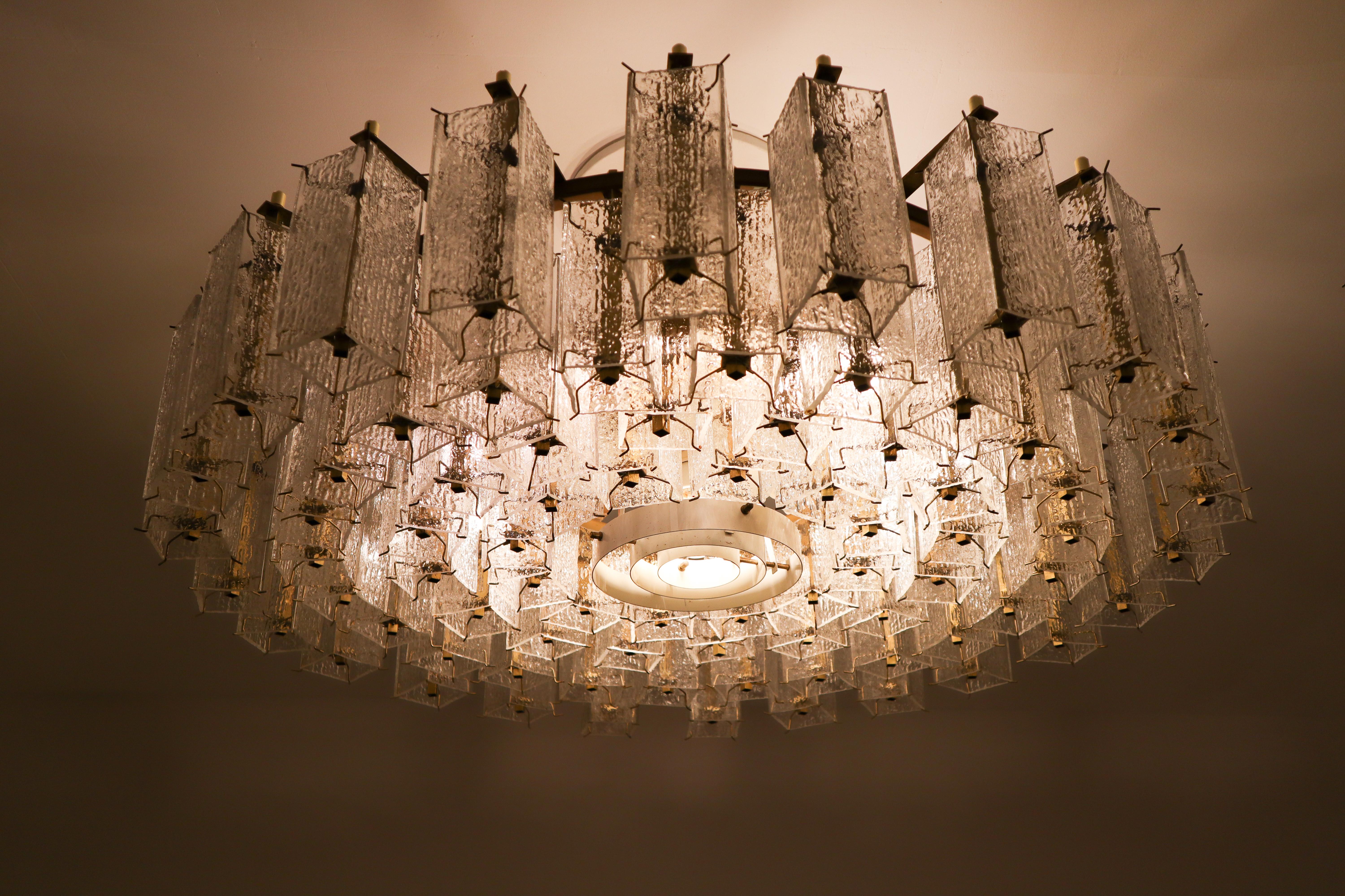 Mid-Century Modern 4 Extreme Large Midcentury Chandeliers in Structured Glass and Brass from Europe