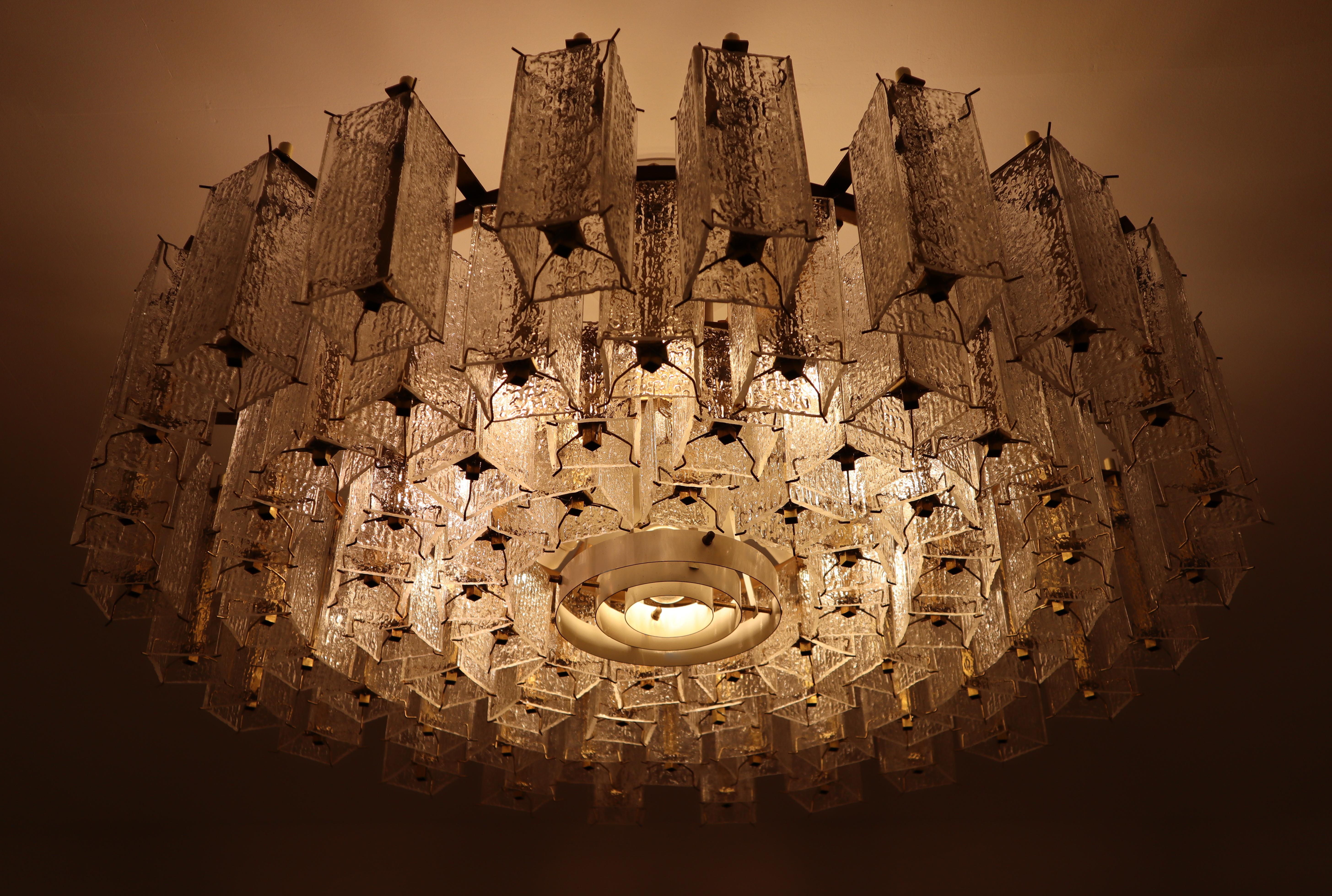 20th Century 4 Extreme Large Midcentury Chandeliers in Structured Glass and Brass from Europe