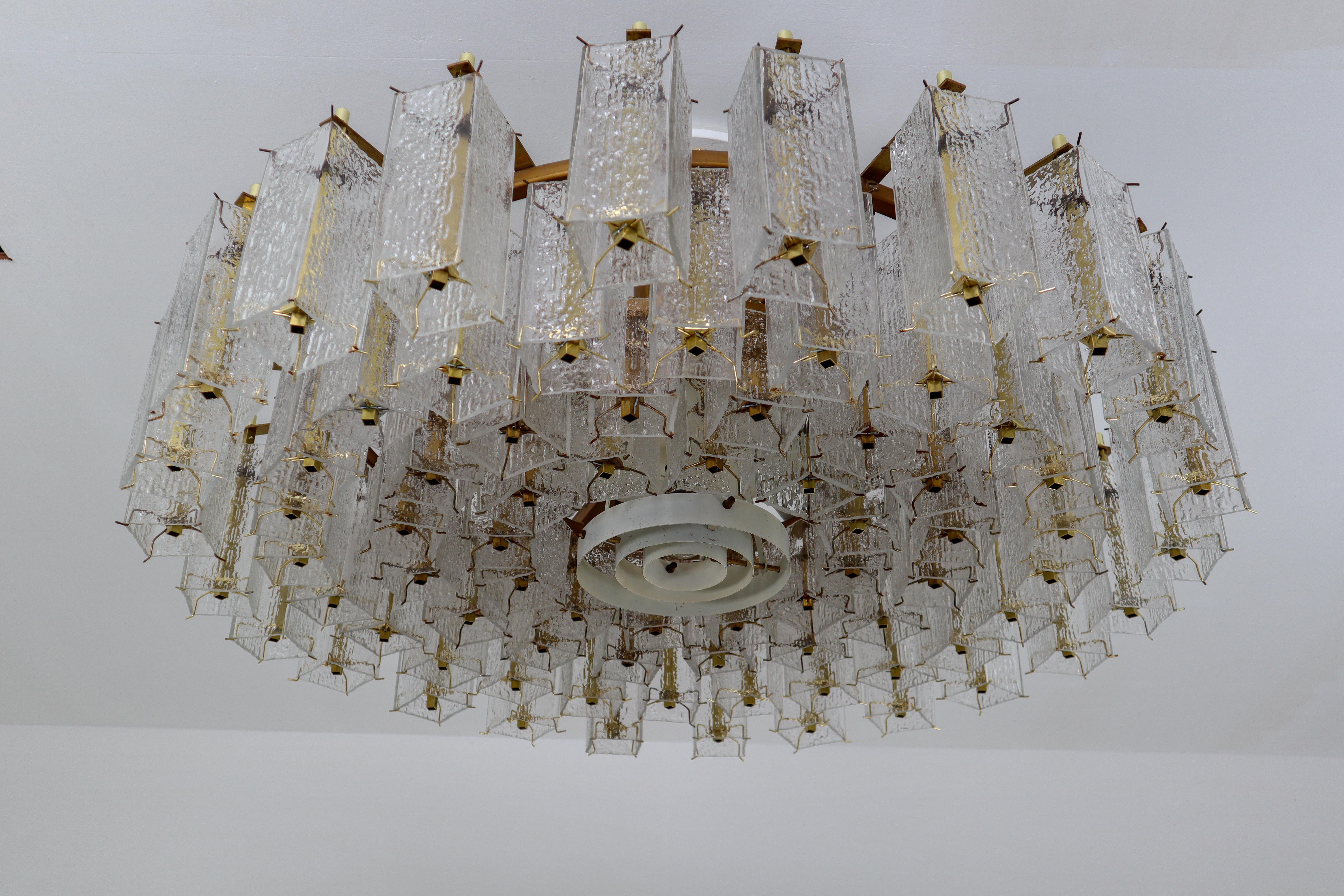 4 Extreme Large Midcentury Chandeliers in Structured Glass and Brass from Europe 2
