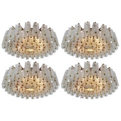 4 Extreme Large Midcentury Chandeliers in Structured Glass and Brass from Europe