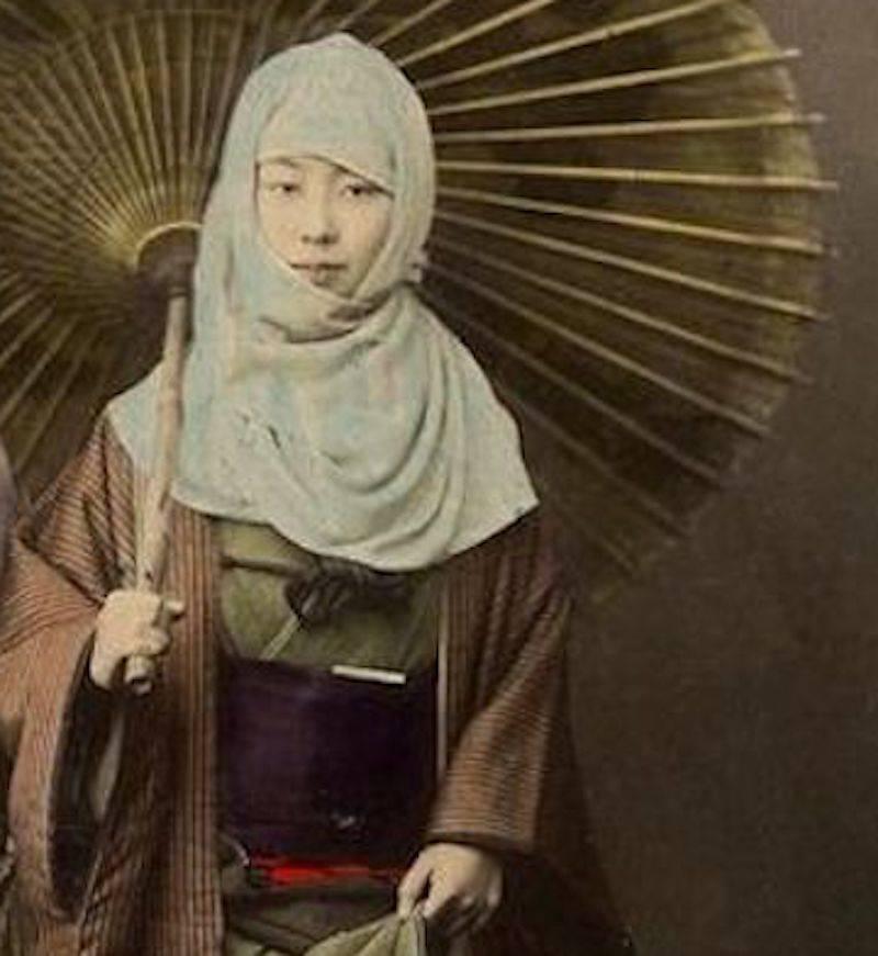 Vier handgemalte japanische Felice Beato Fotostudio Drucke, um 1860 (Gebürstet)