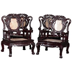 4 Figural Chinese Mother of Pearl Inlaid Carved Hardwood Marble Chairs