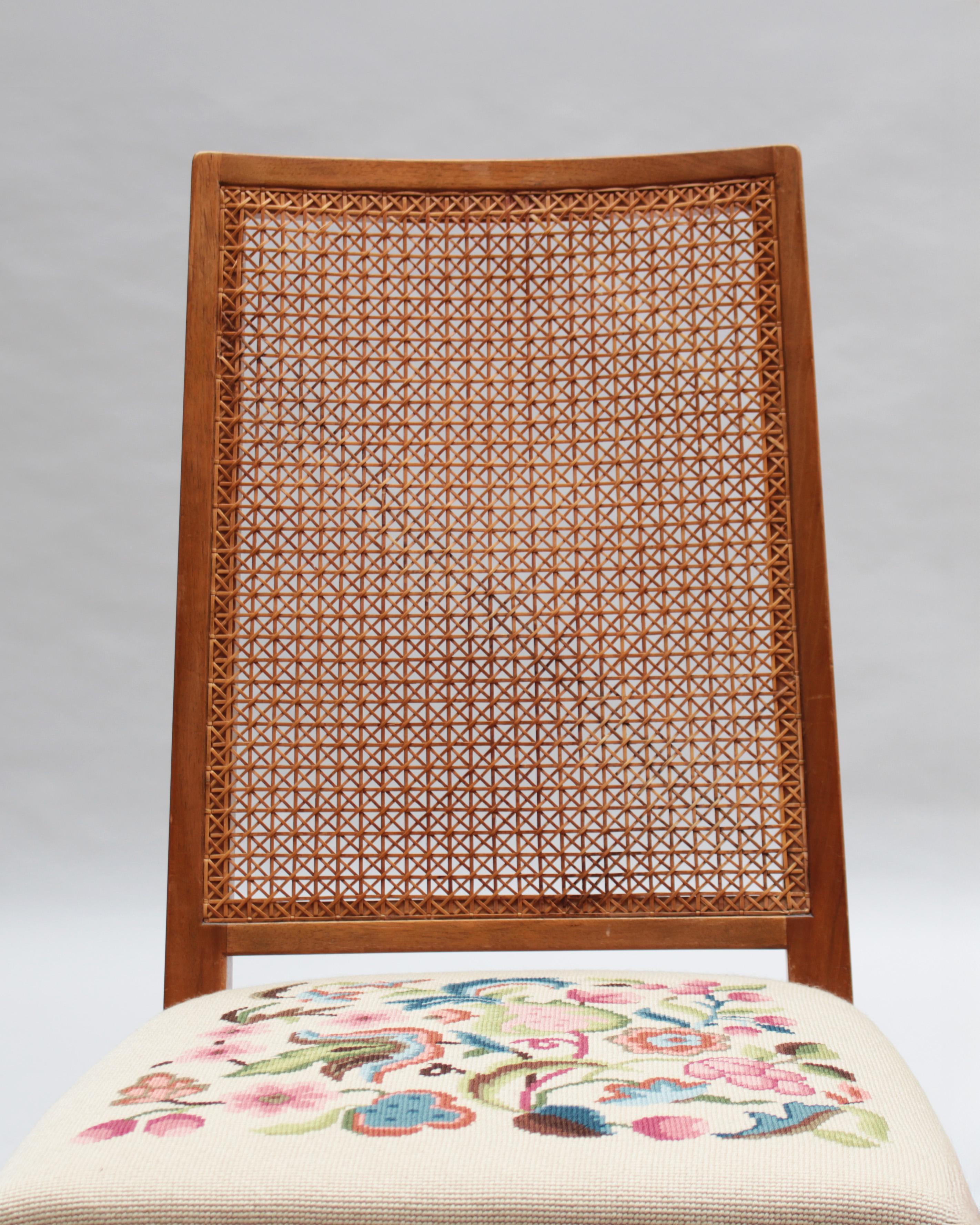 4 Fine French 1940s Cherry, Cane and Tapestry Side Chairs For Sale 6