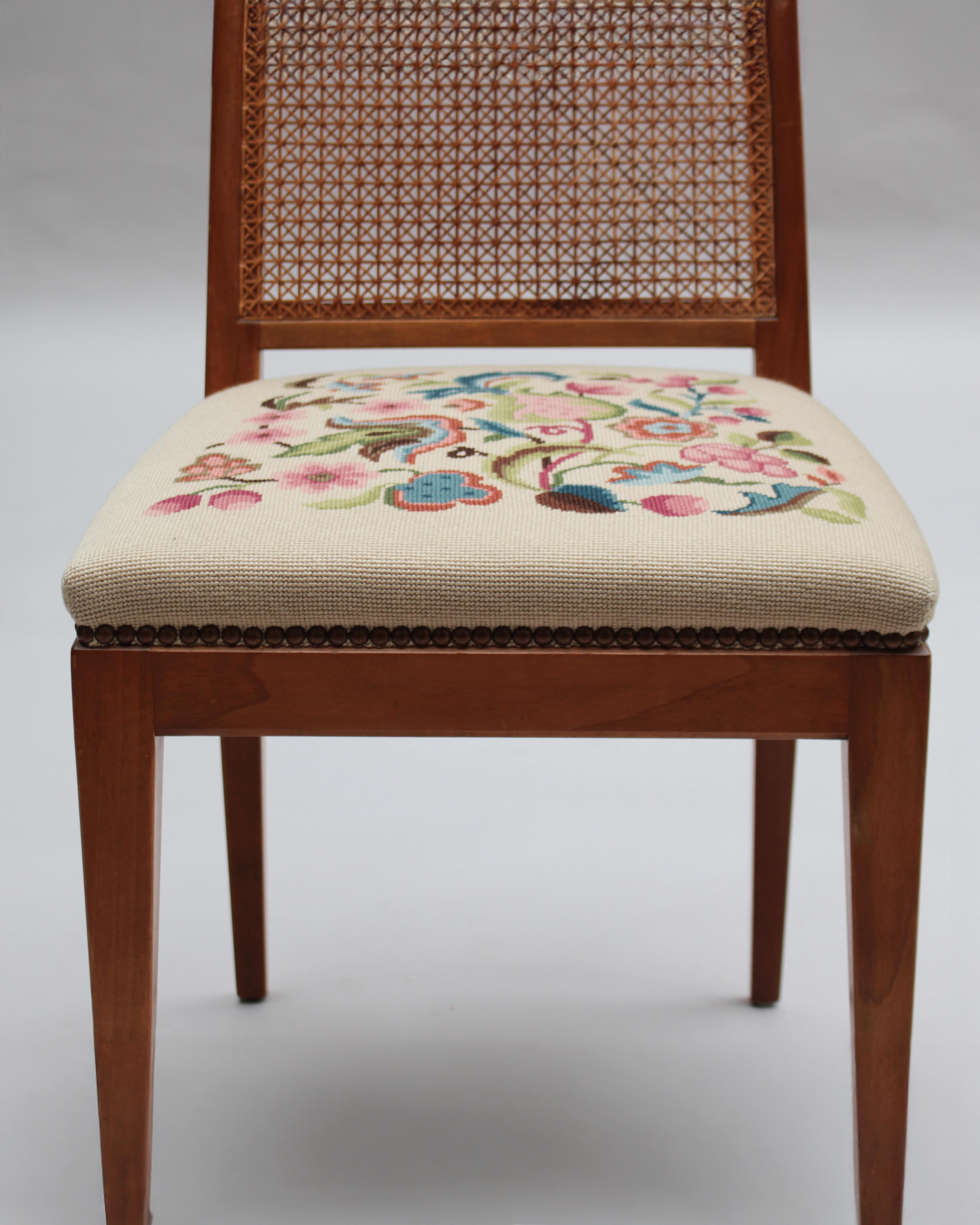 4 Fine French 1940s Cherry, Cane and Tapestry Side Chairs For Sale 7