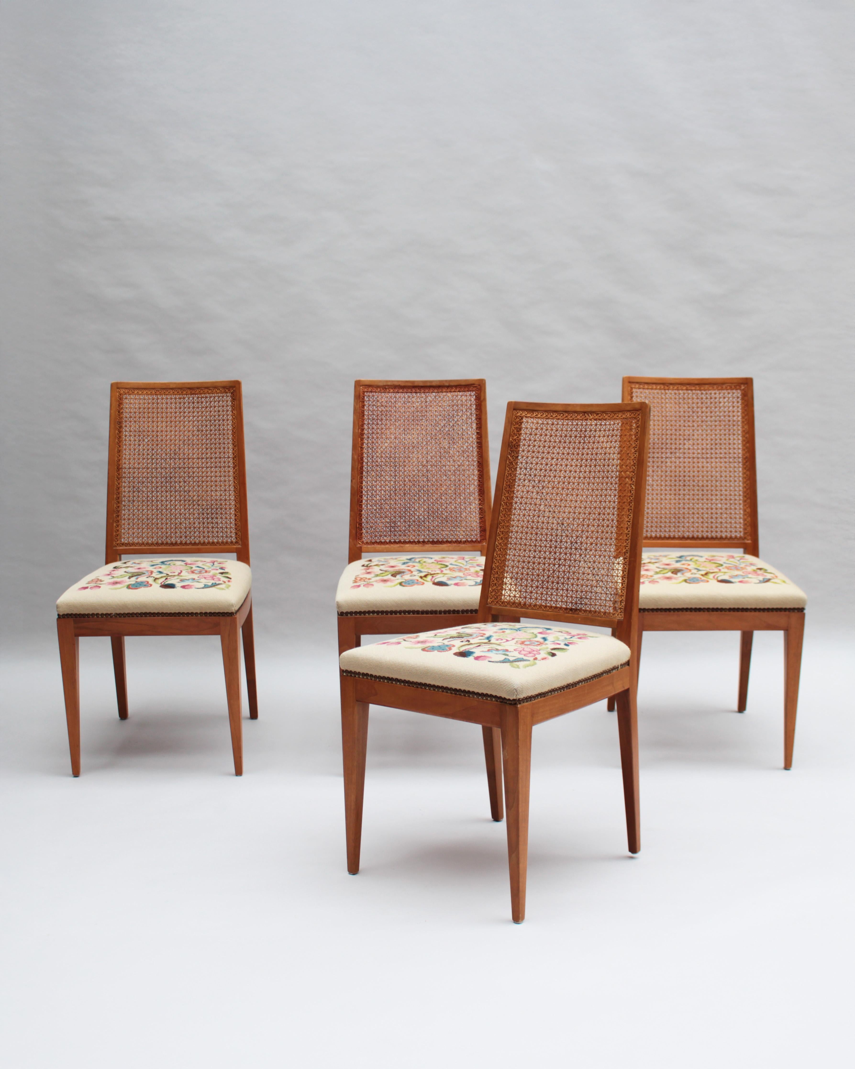 Mid-Century Modern 4 Fine French 1940s Cherry, Cane and Tapestry Side Chairs For Sale