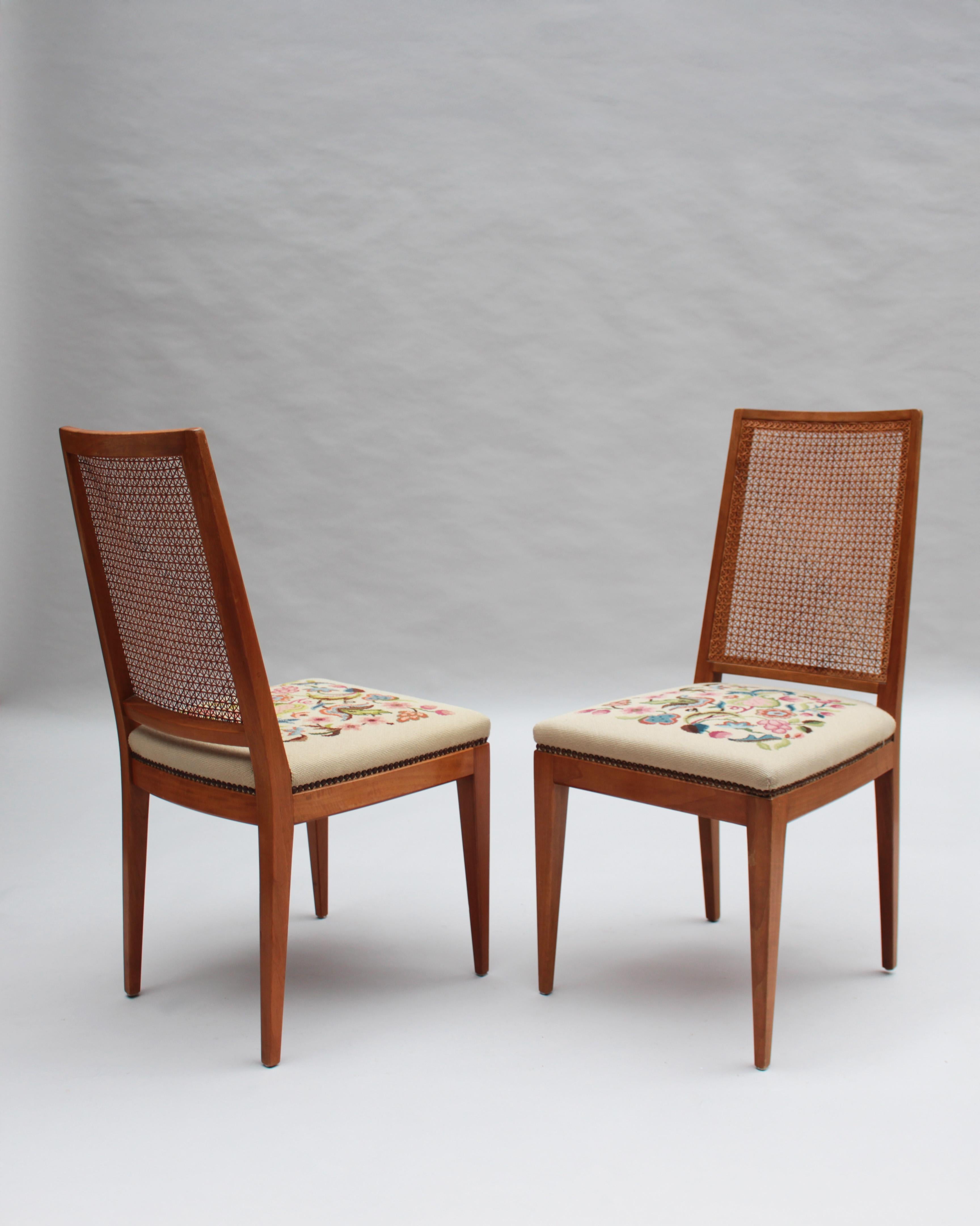 4 Fine French 1940s Cherry, Cane and Tapestry Side Chairs In Good Condition For Sale In Long Island City, NY