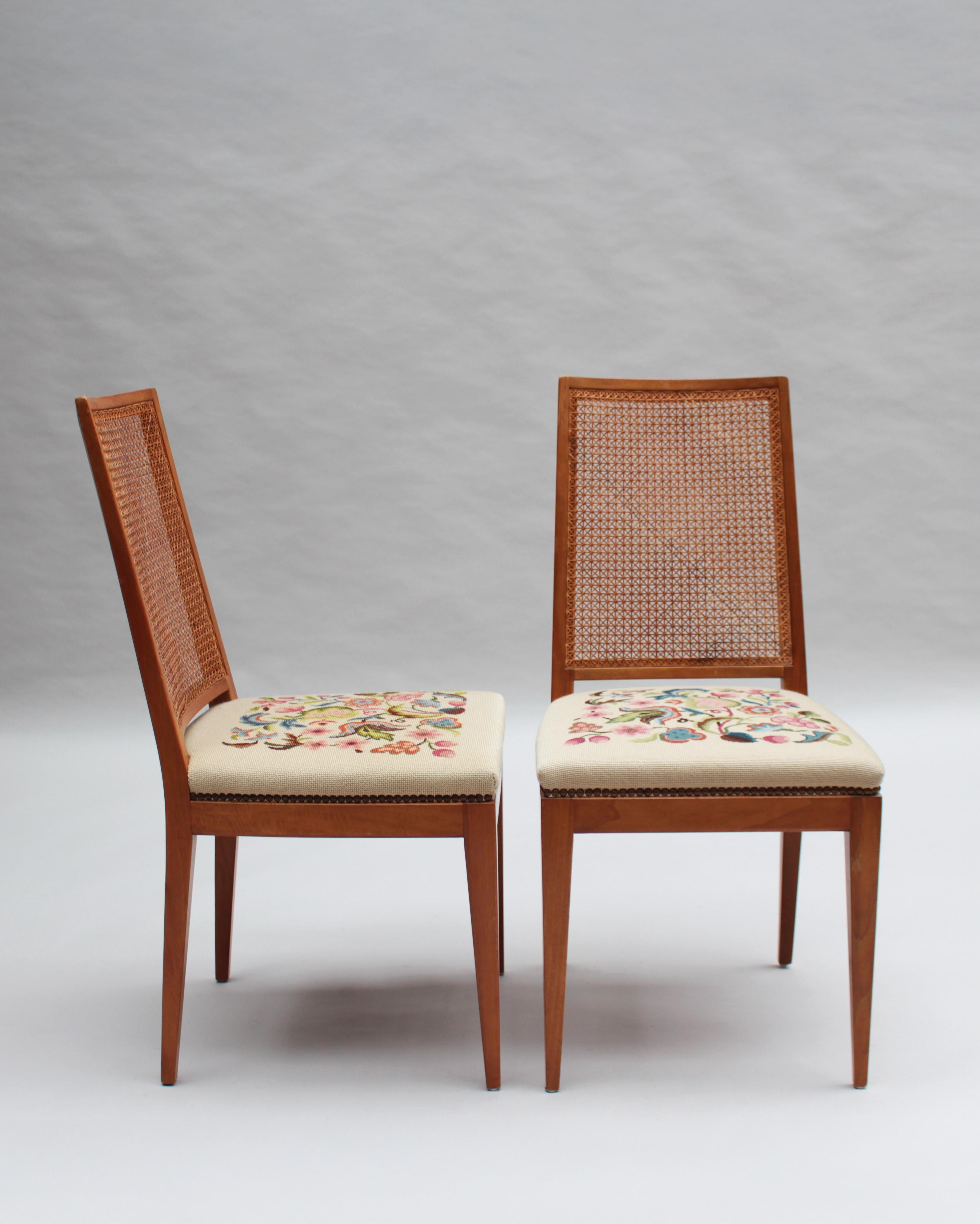 Mid-20th Century 4 Fine French 1940s Cherry, Cane and Tapestry Side Chairs For Sale