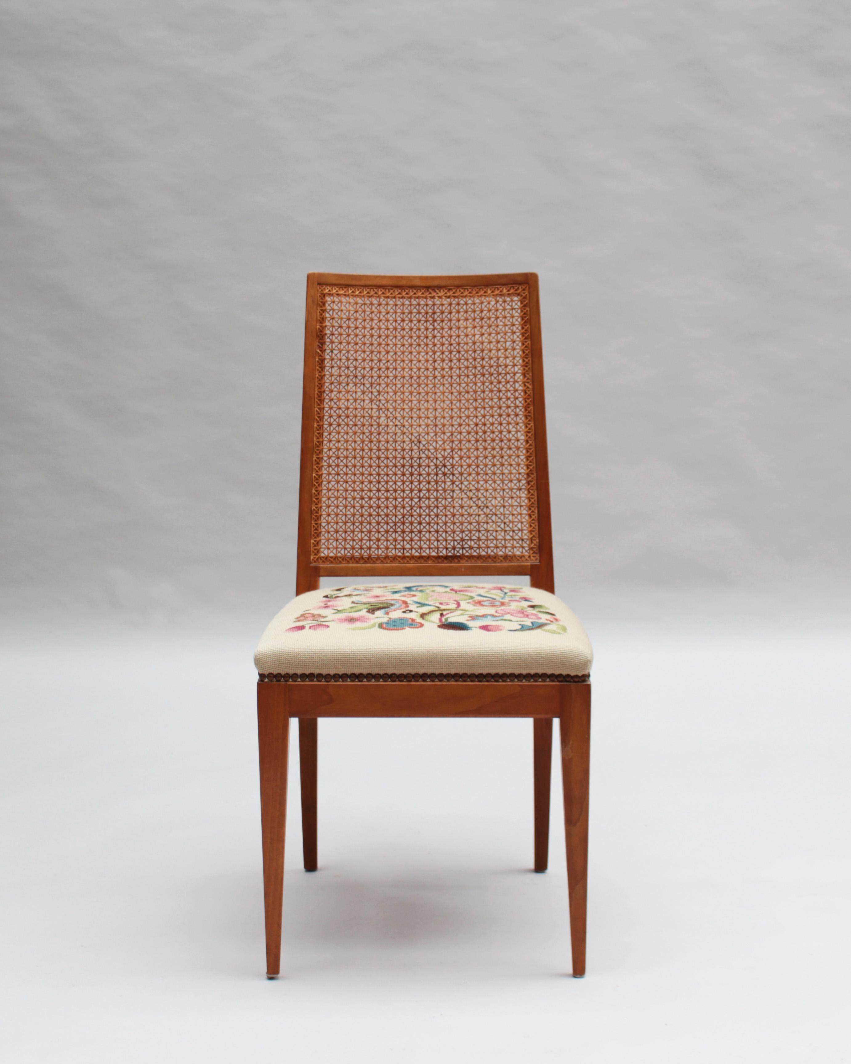 4 Fine French 1940s Cherry, Cane and Tapestry Side Chairs For Sale 1