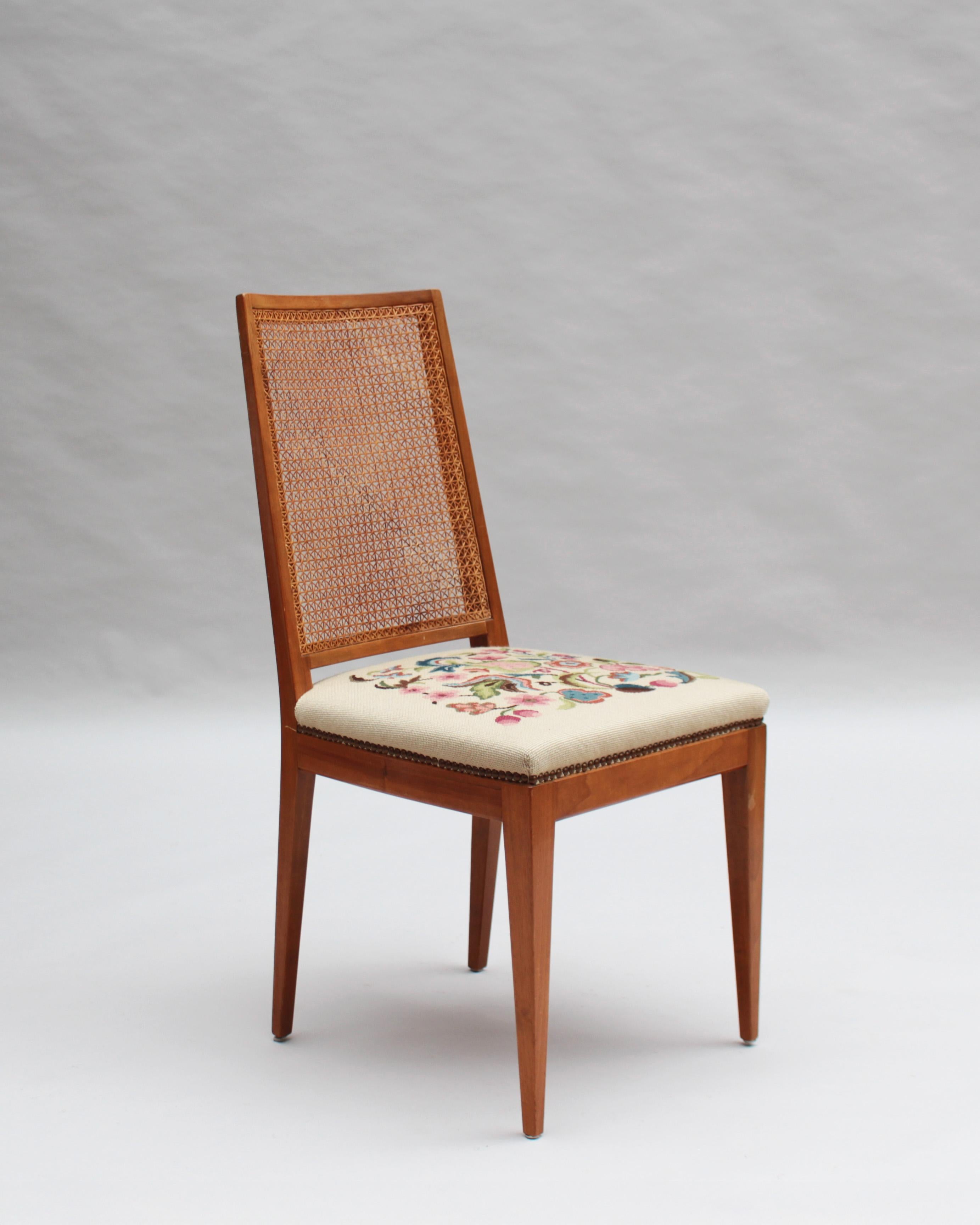 4 Fine French 1940s Cherry, Cane and Tapestry Side Chairs For Sale 2