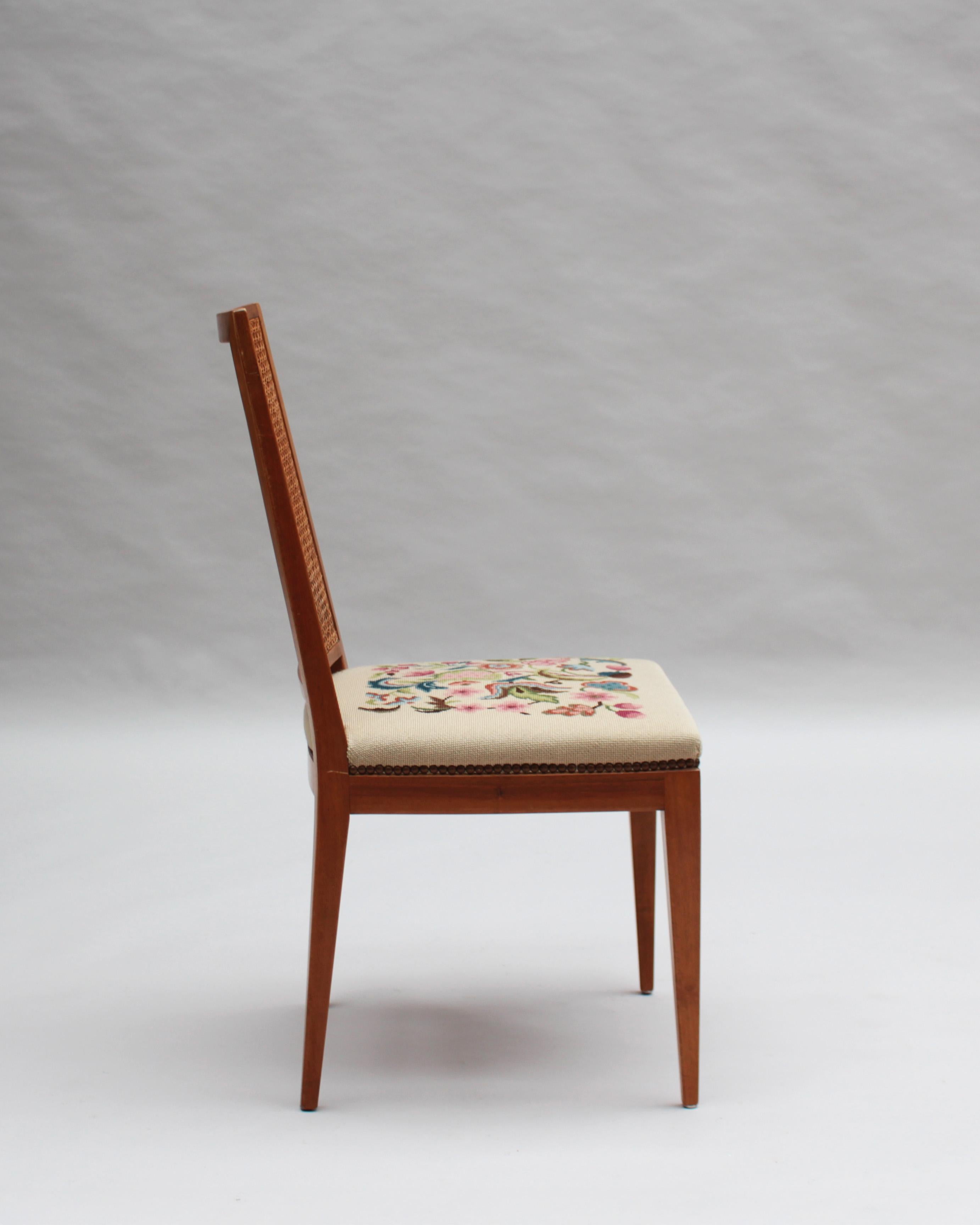 4 Fine French 1940s Cherry, Cane and Tapestry Side Chairs For Sale 3