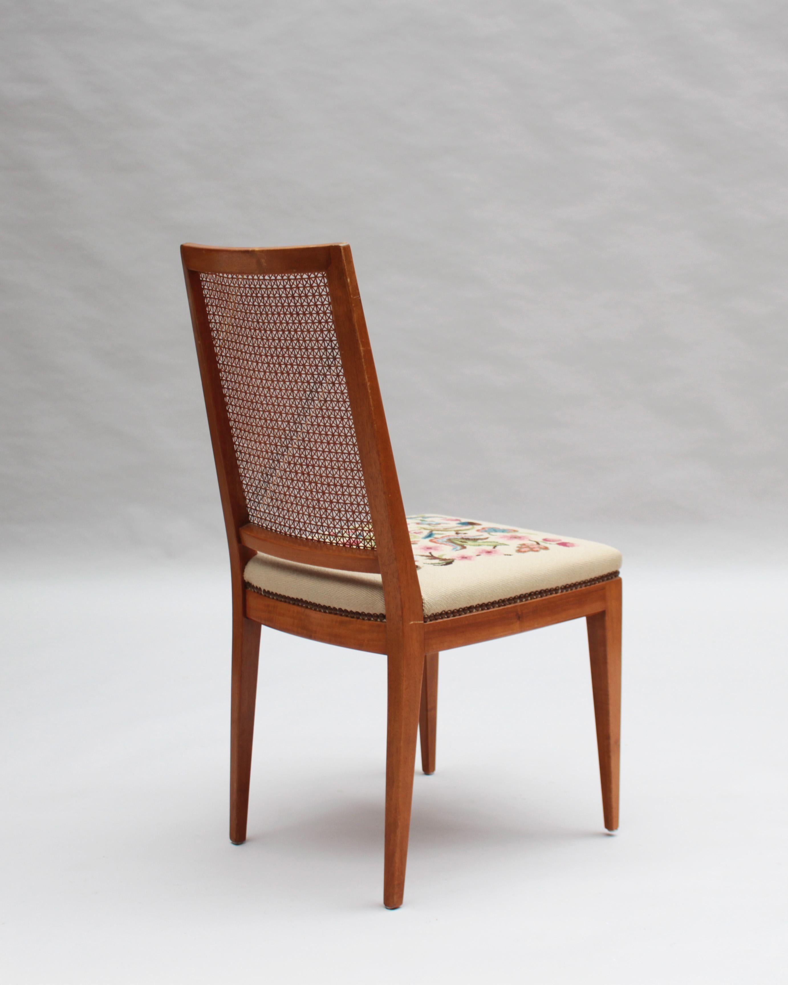 4 Fine French 1940s Cherry, Cane and Tapestry Side Chairs For Sale 4