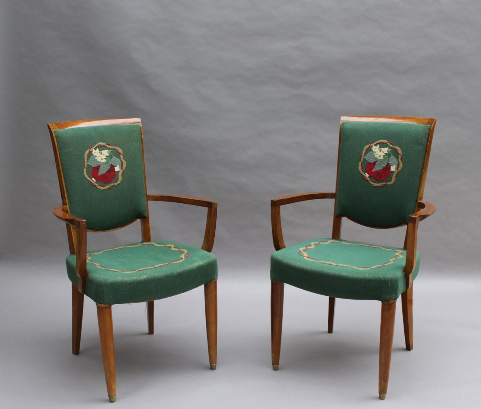 Four fine French Art Deco walnut bridge arm chairs by Jules Leleu.
Original Aubusson tapestry, as shown in 