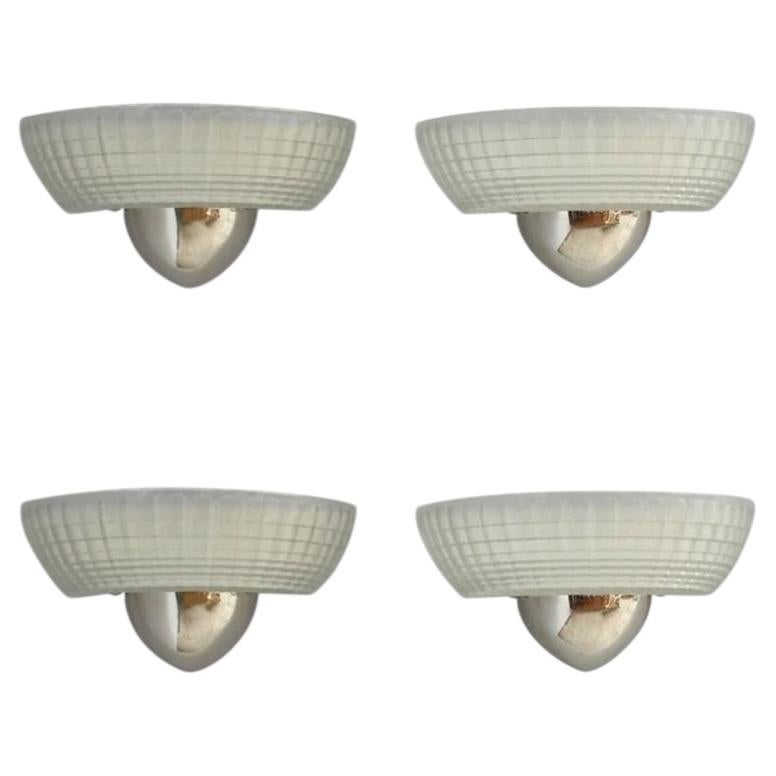4 Fine French Art Deco Chrome and Holophane Glass Sconces