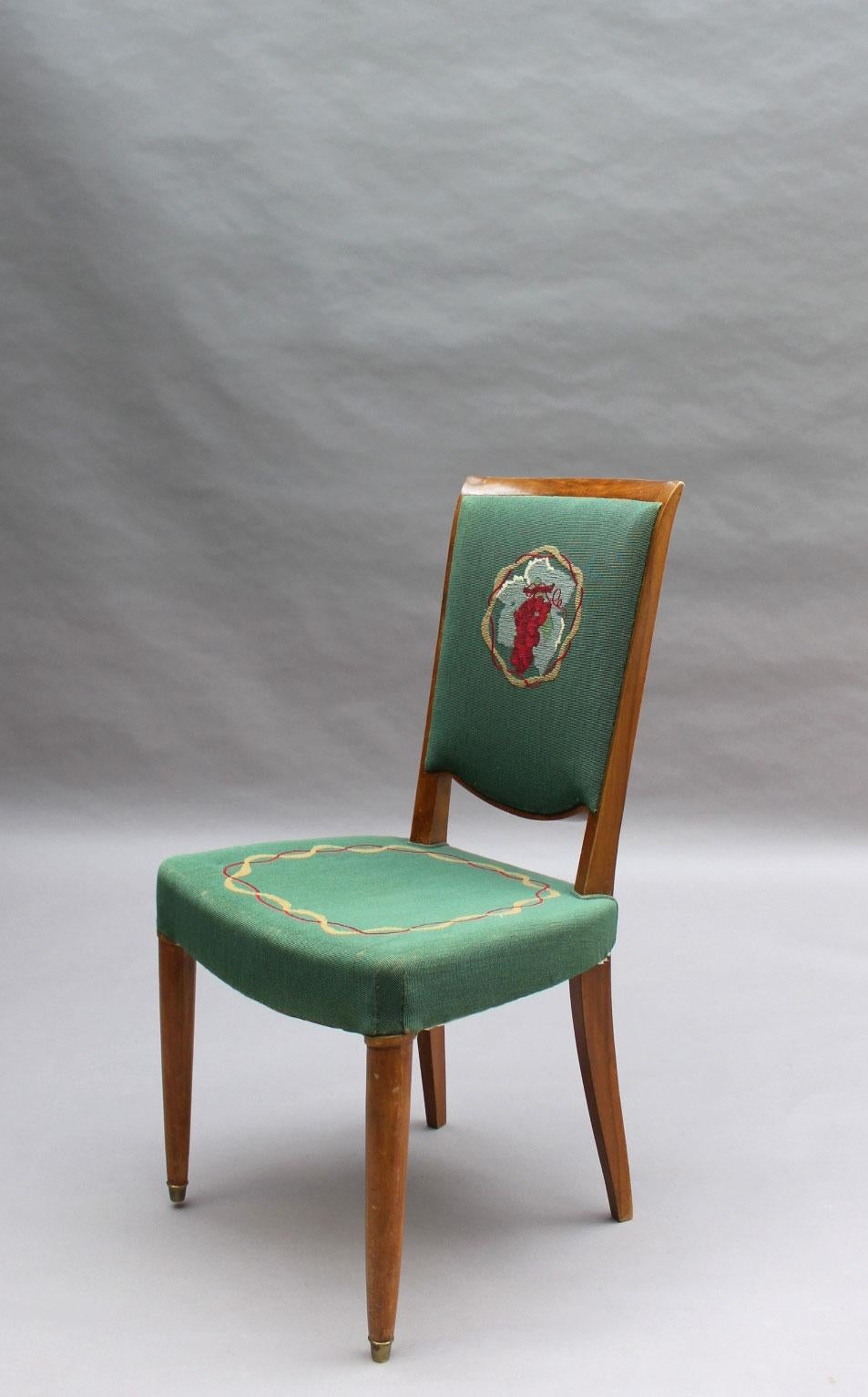 Tapisserie 4 chaises de salle à manger Art Déco françaises par Jules Leleu (2 fauteuils disponibles)