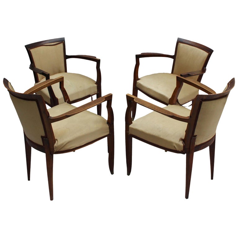 4 Fine French Art Deco Walnut Armchairs by Jules Leleu For Sale