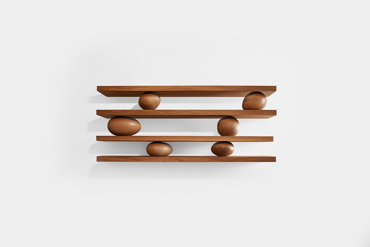 Set of Four Floating Shelves with Six Sculptural Wooden Pebble Accents, Sereno by Joel Escalona

—

What happens when the practical becomes art?
What happens when ornamentation gains significance?

Those were the questions Joel Escalona asked