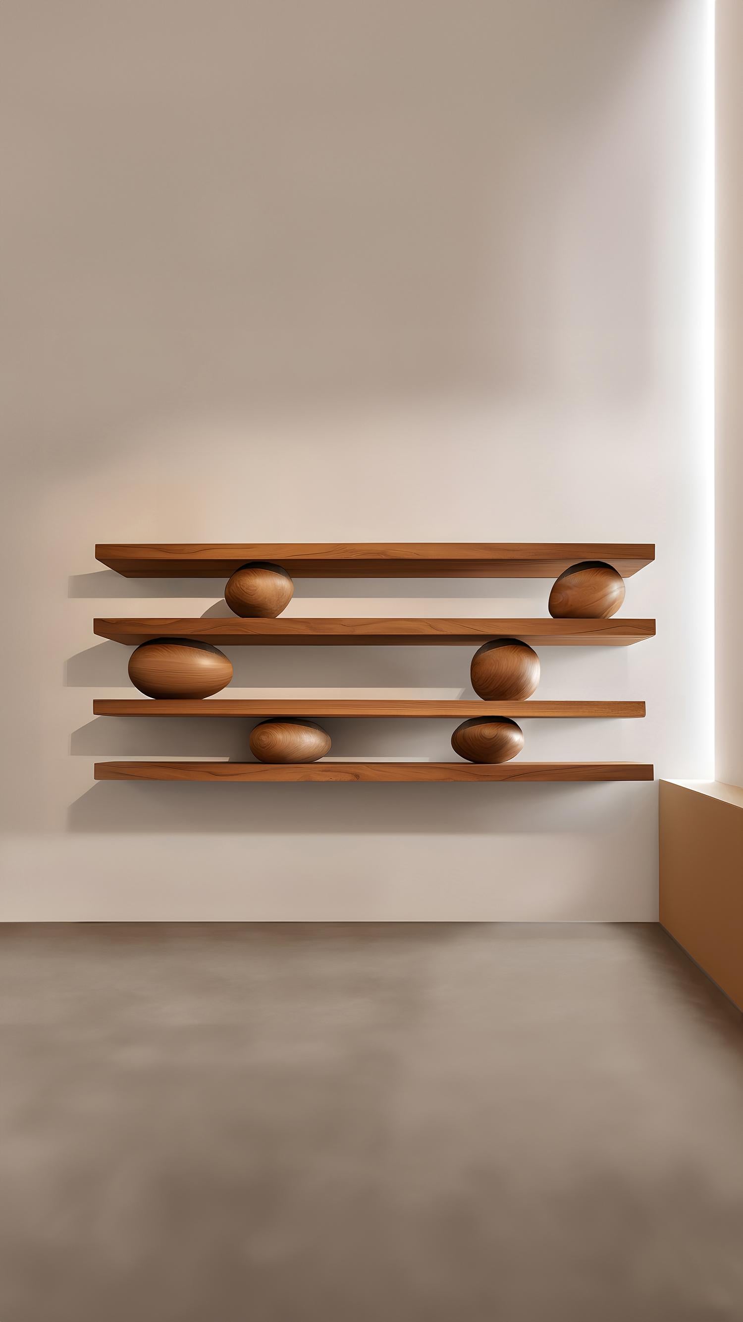 Mid-Century Modern 4 Floating Shelves with 6 Sculptural Wooden Pebbles, Sereno by Joel Escalona For Sale