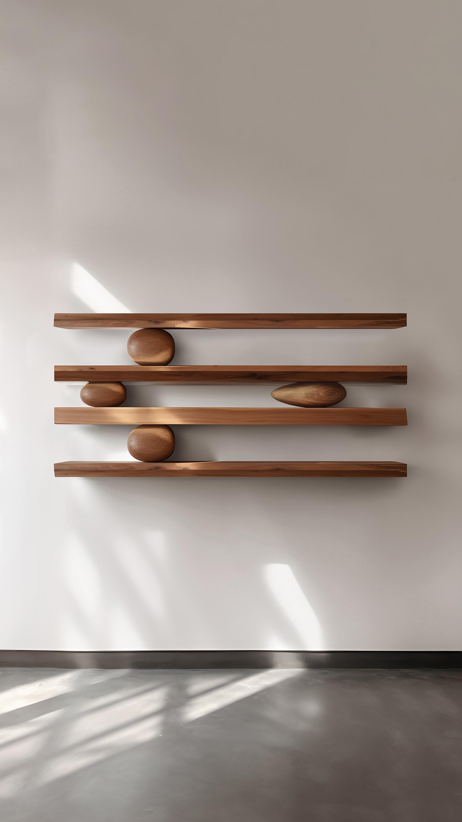 Mexican 4 Floating Shelves with 6 Sculptural Wooden Pebbles, Sereno by Joel Escalona For Sale