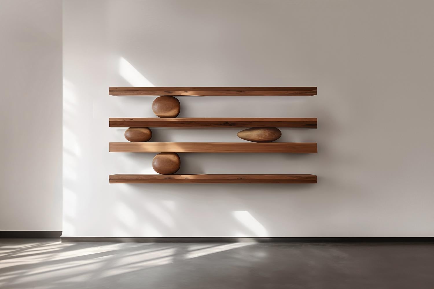 Veneer 4 Floating Shelves with 6 Sculptural Wooden Pebbles, Sereno by Joel Escalona For Sale