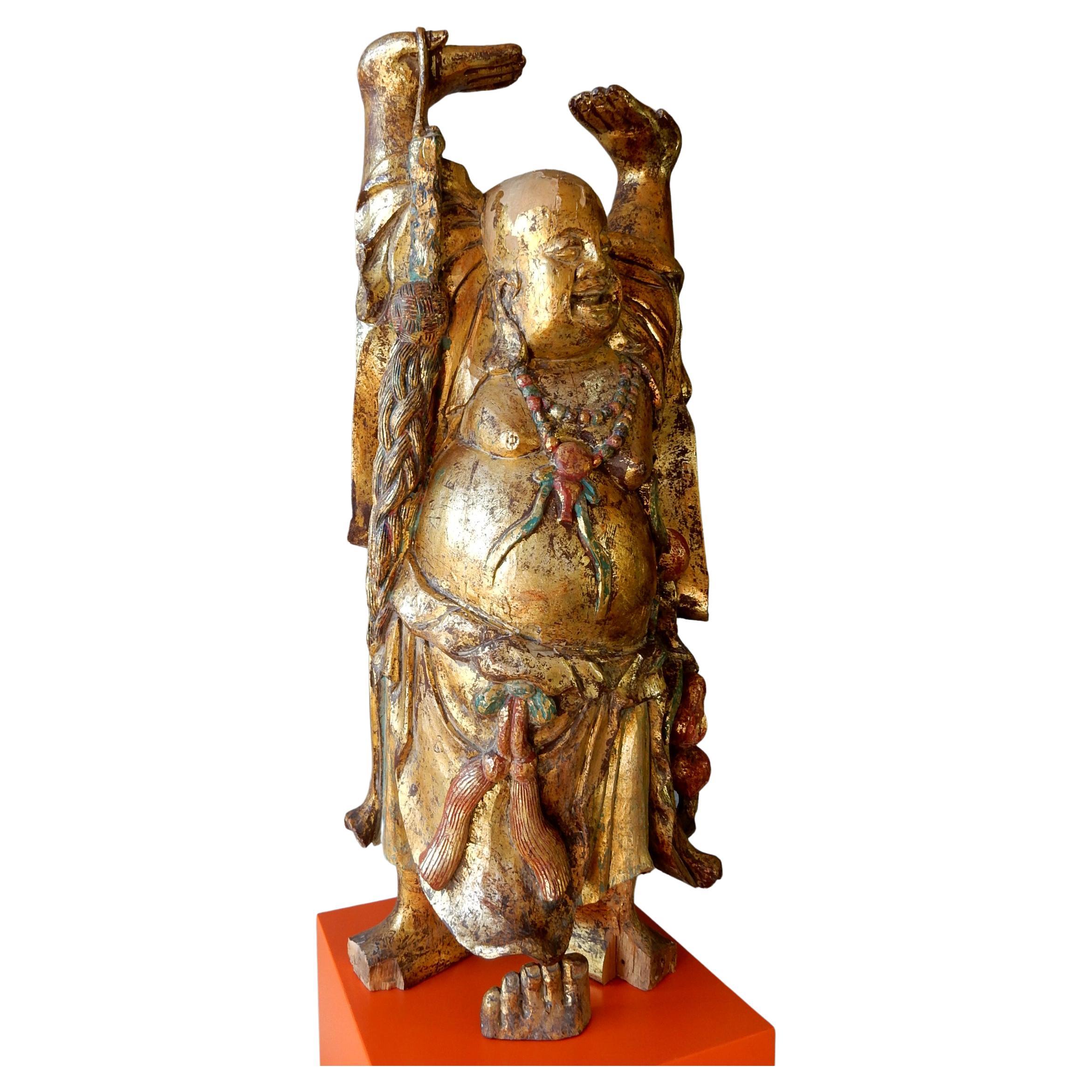 4 Foot Tall Vintage Happy Buddha Sculpture, Hand Carved & Painted In Fair Condition For Sale In Las Vegas, NV