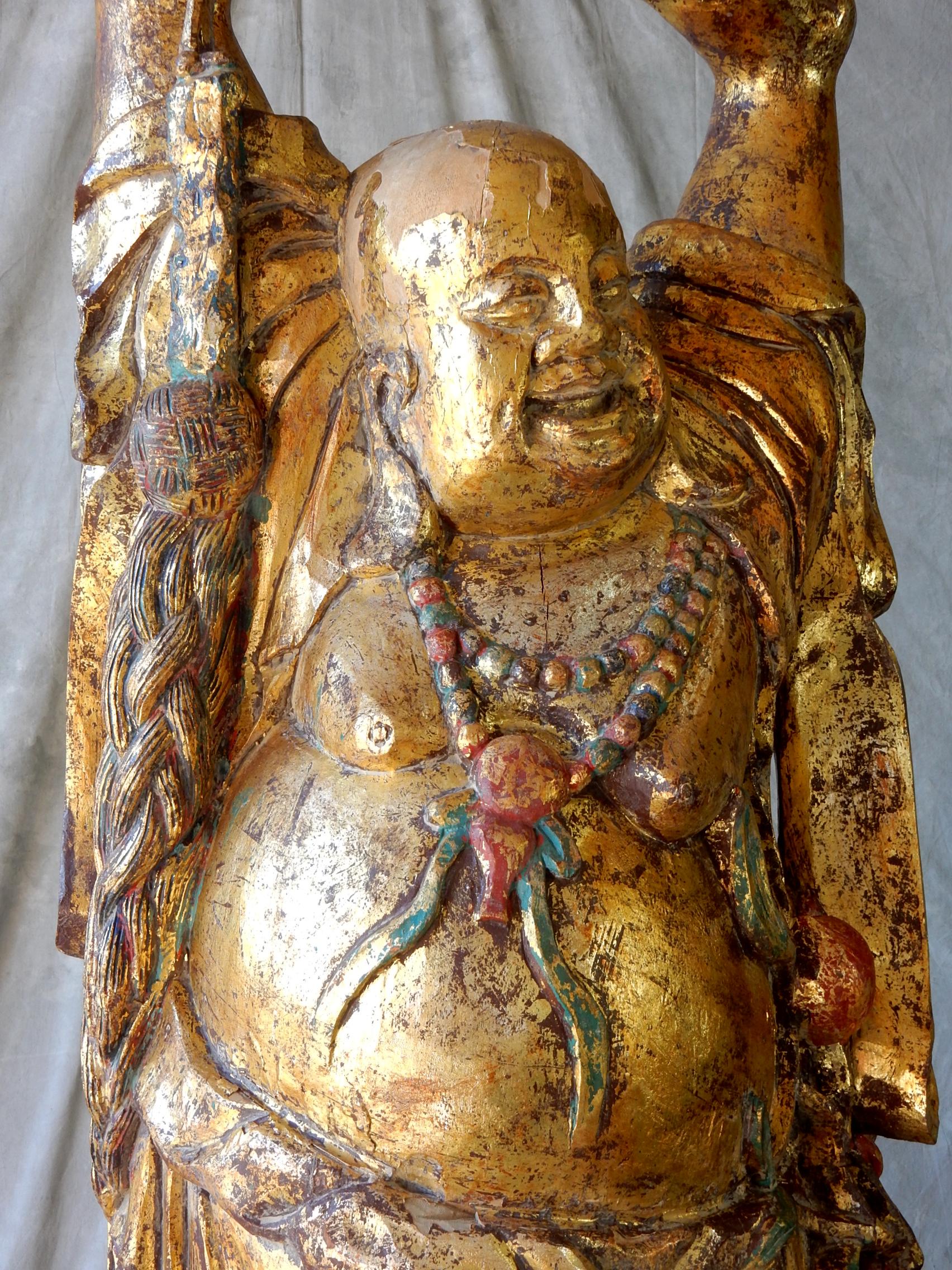 Hardwood 4 Foot Tall Vintage Happy Buddha Sculpture, Hand Carved & Painted For Sale
