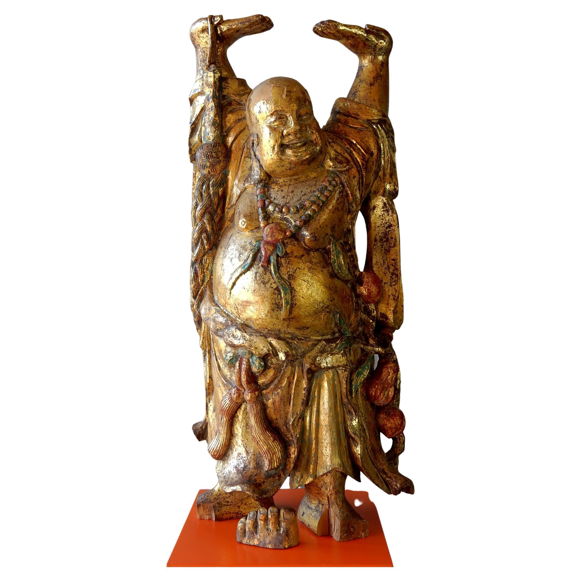 4 Fuß hohe Vintage Happy Buddha-Skulptur, handgeschnitzt und bemalt