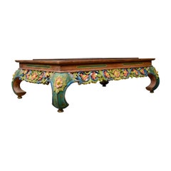 4 Foot Vintage Oriental Low Coffee Table, Hand Carved Painted Frieze
