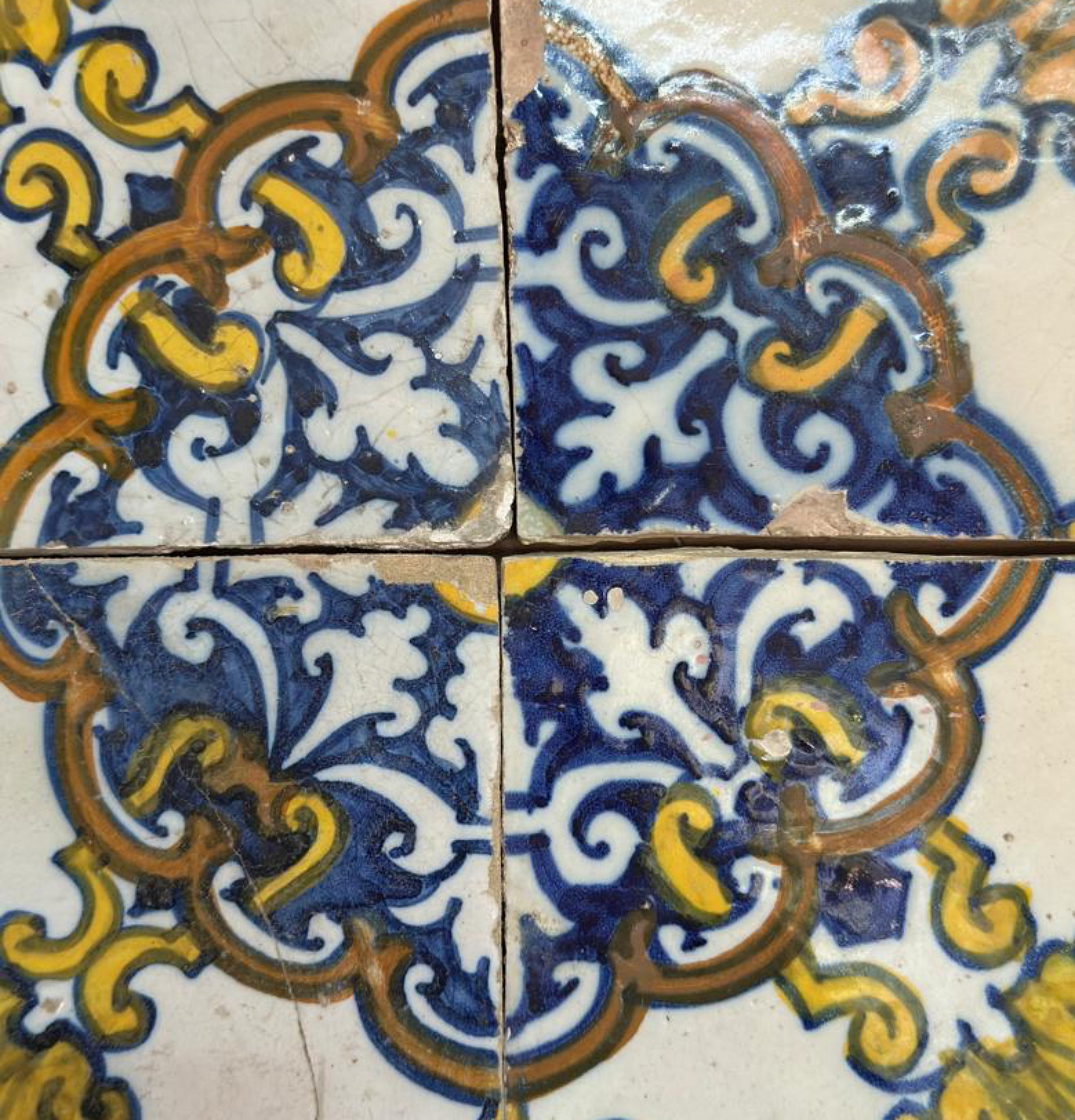 Baroque (4) Four Portuguese Tiles 17th Century (1630/1680) Very Rare Collectible For Sale