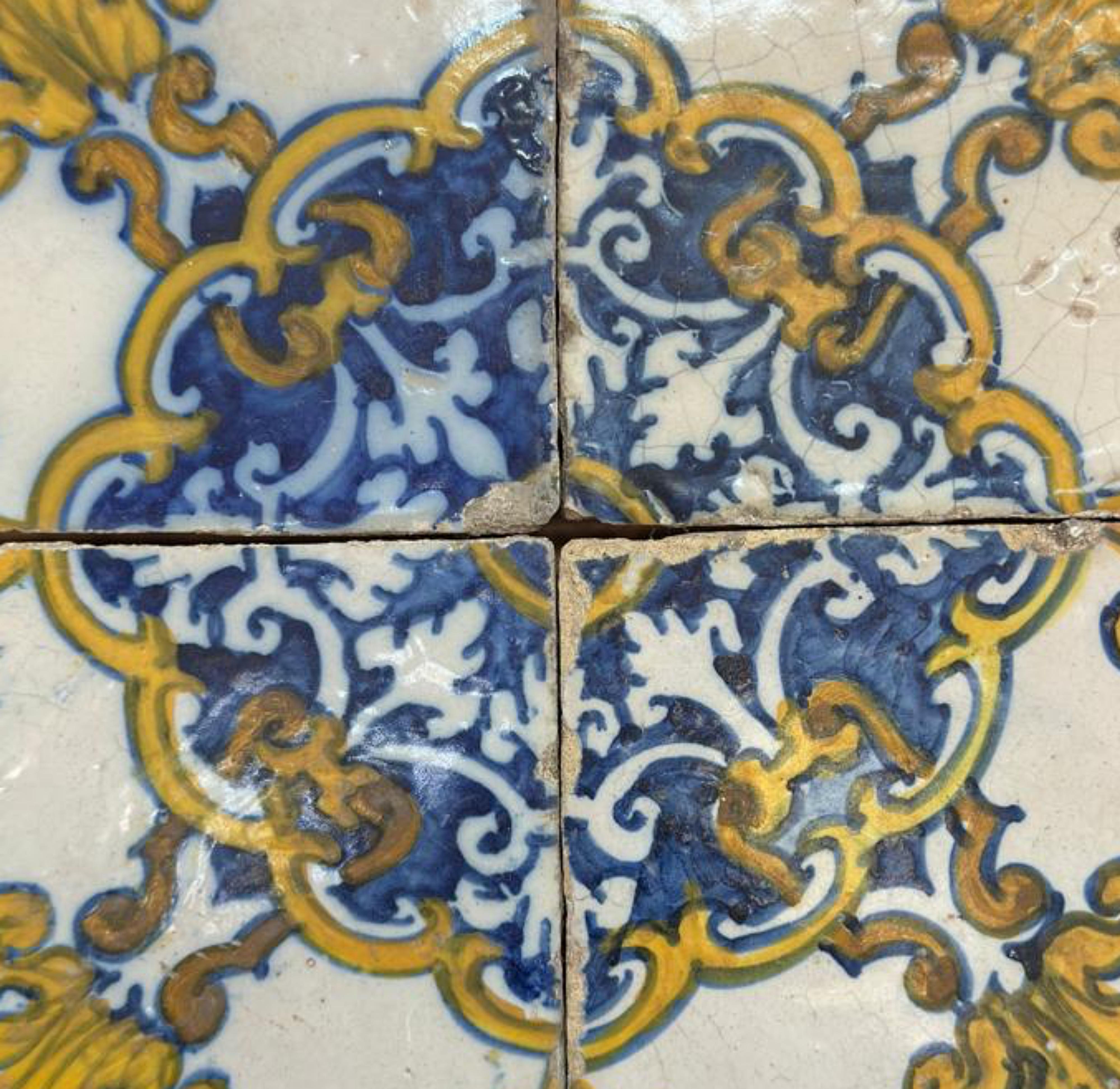 Baroque (4) Four Portuguese Tiles 17th Century (1630/1680) Very Rare Collectible For Sale