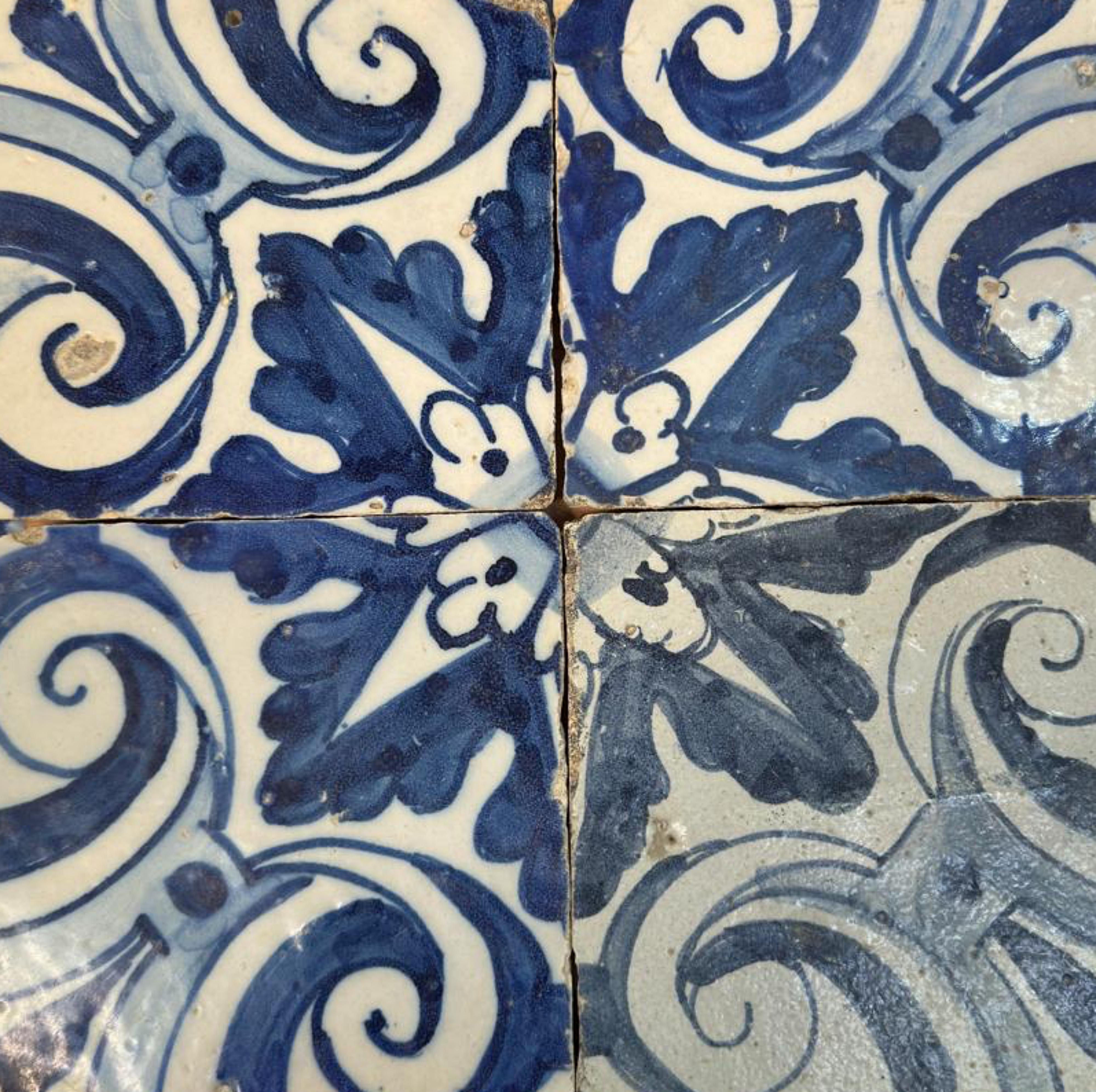 Baroque (4) Four Portuguese Tiles 17th Century (1630/1680) Very Rare Collectible For Sale