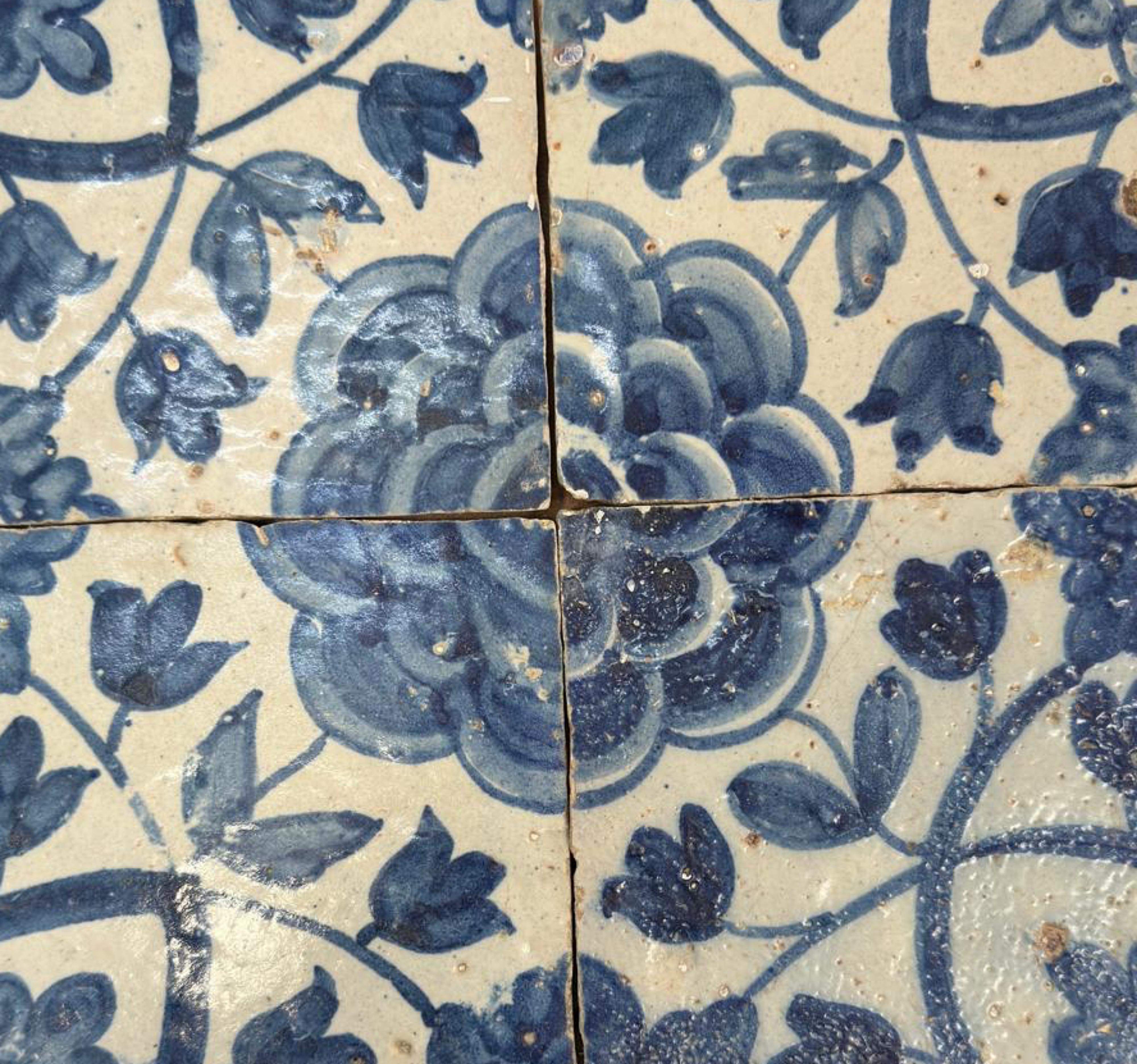 Baroque (4) Four Portuguese Tiles 17th Century (1630/1680) Very Rare Collectible For Sale
