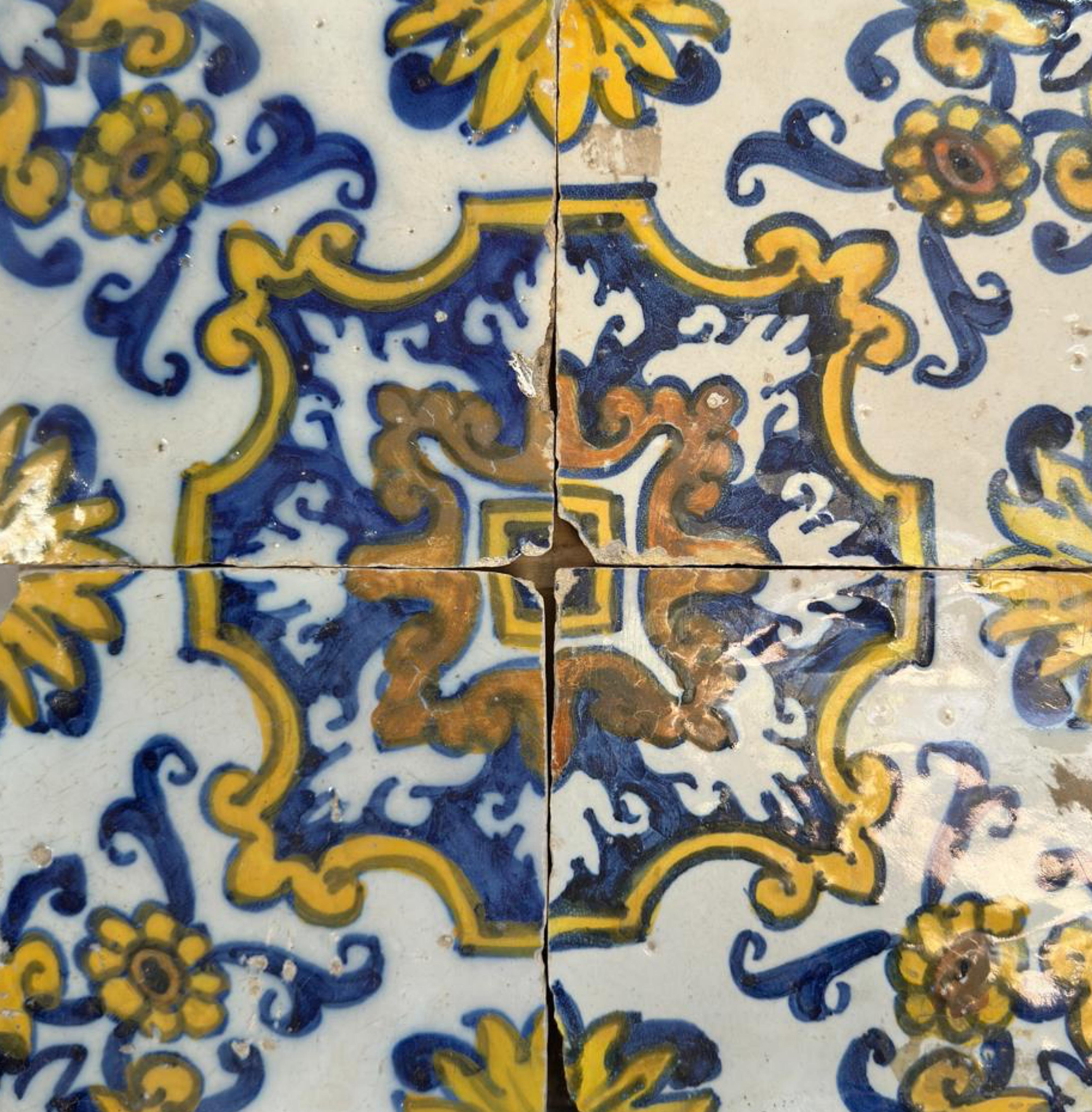 Hand-Crafted (4) Four Portuguese Tiles 17th Century (1630/1680) Very Rare Collectible For Sale