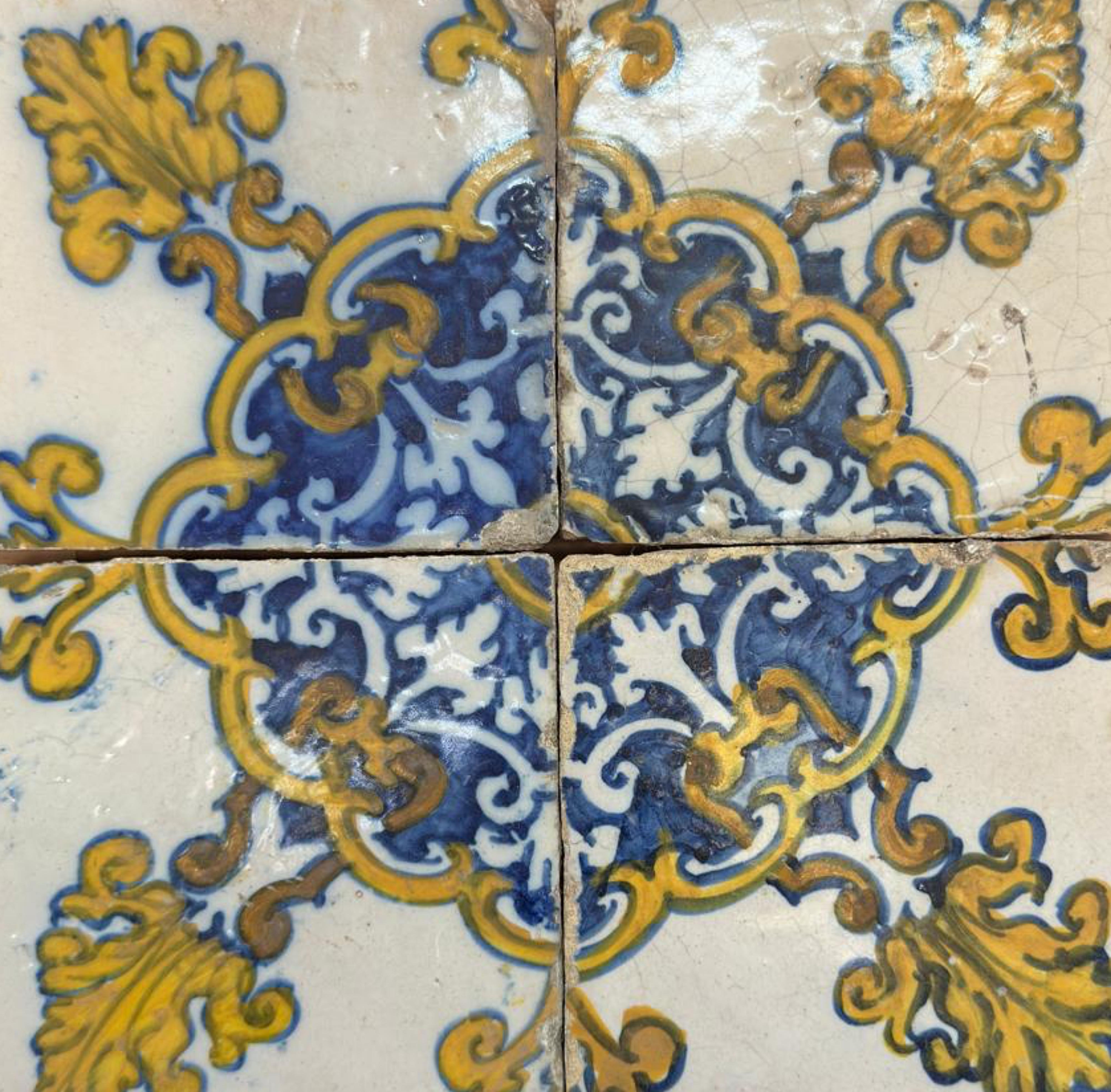 Hand-Crafted (4) Four Portuguese Tiles 17th Century (1630/1680) Very Rare Collectible For Sale
