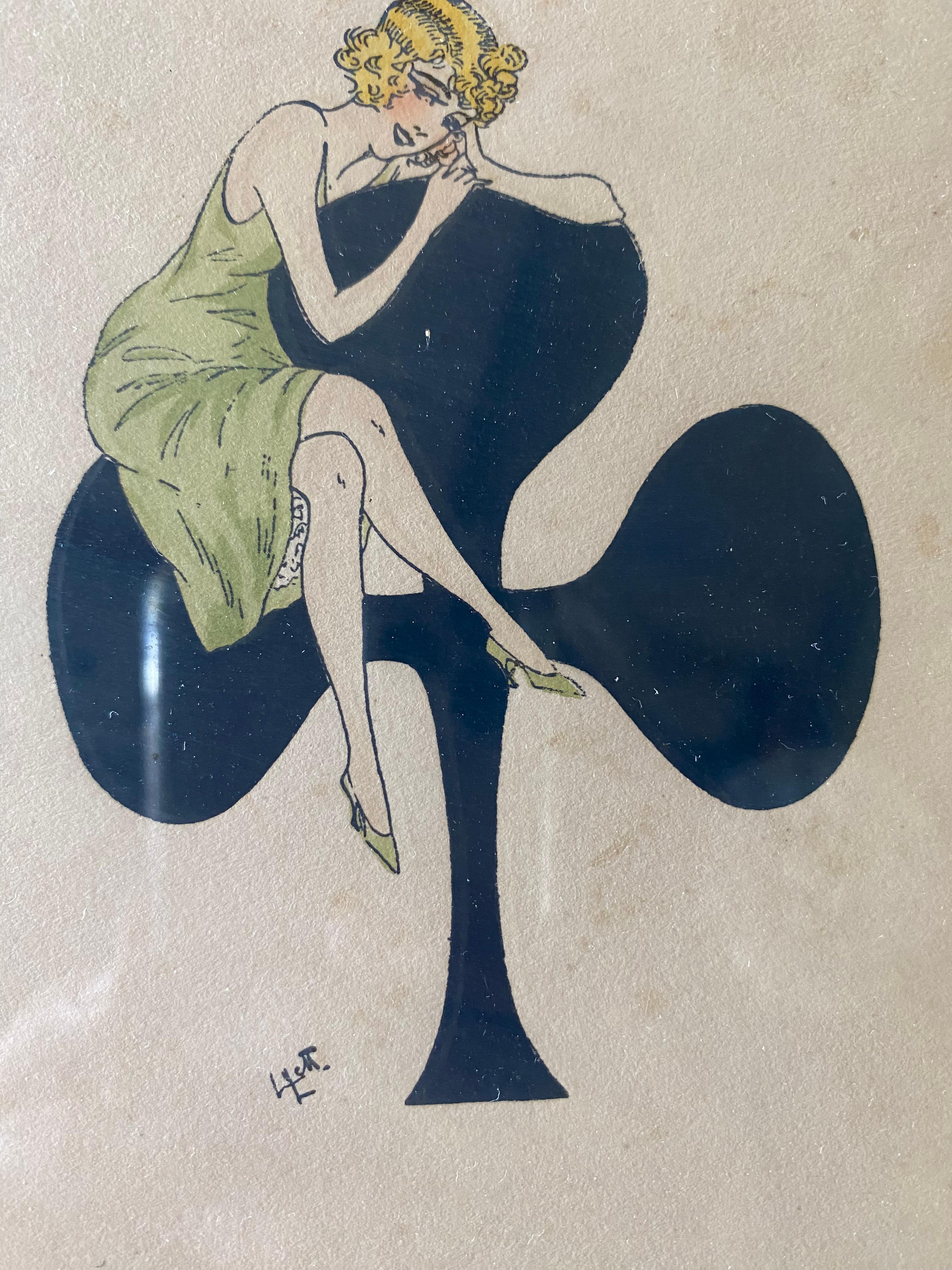 20th Century 4 framed lithographs of Art Deco ladies in front of playing card motifs, signed