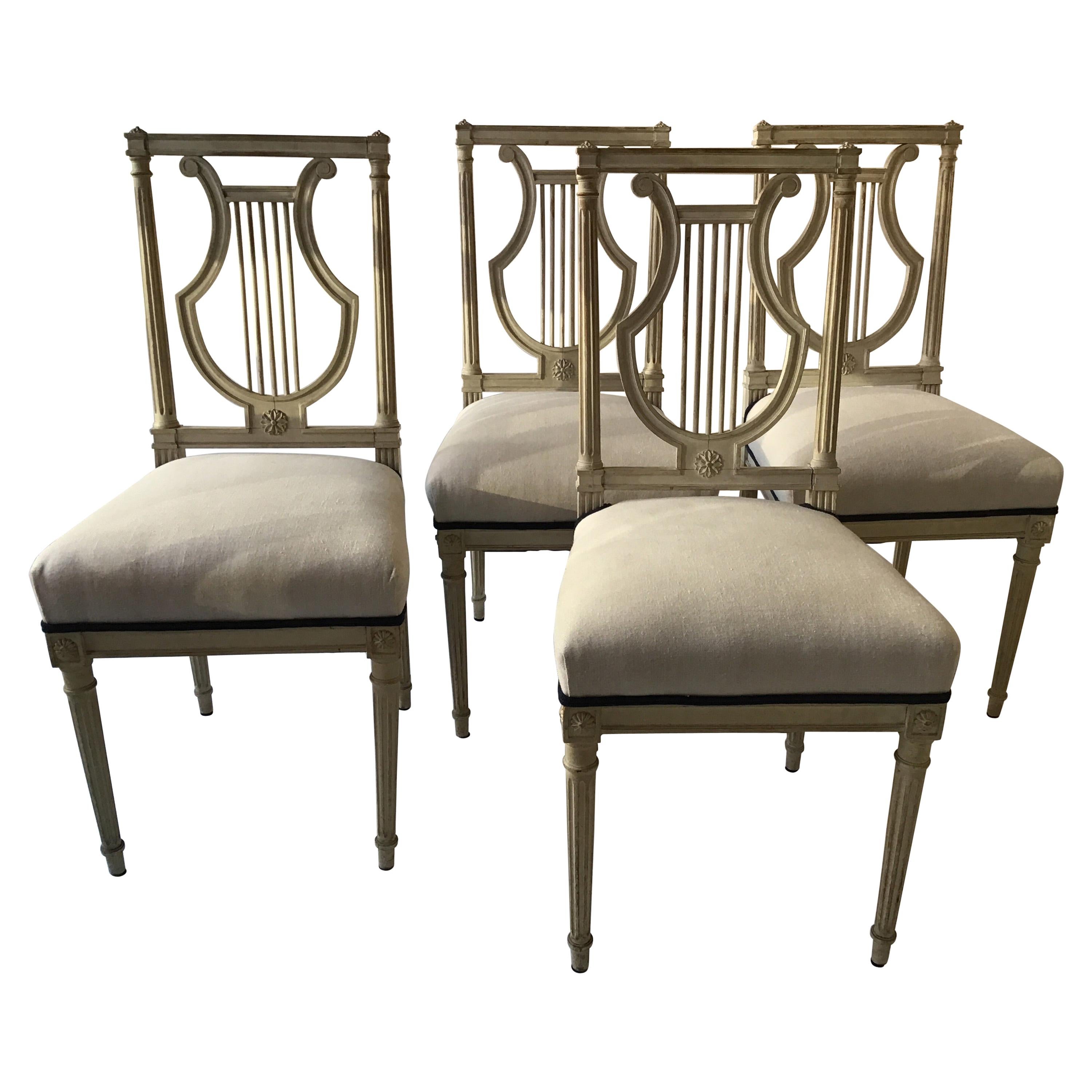 4 French 1950s Lyre Back Side Chairs