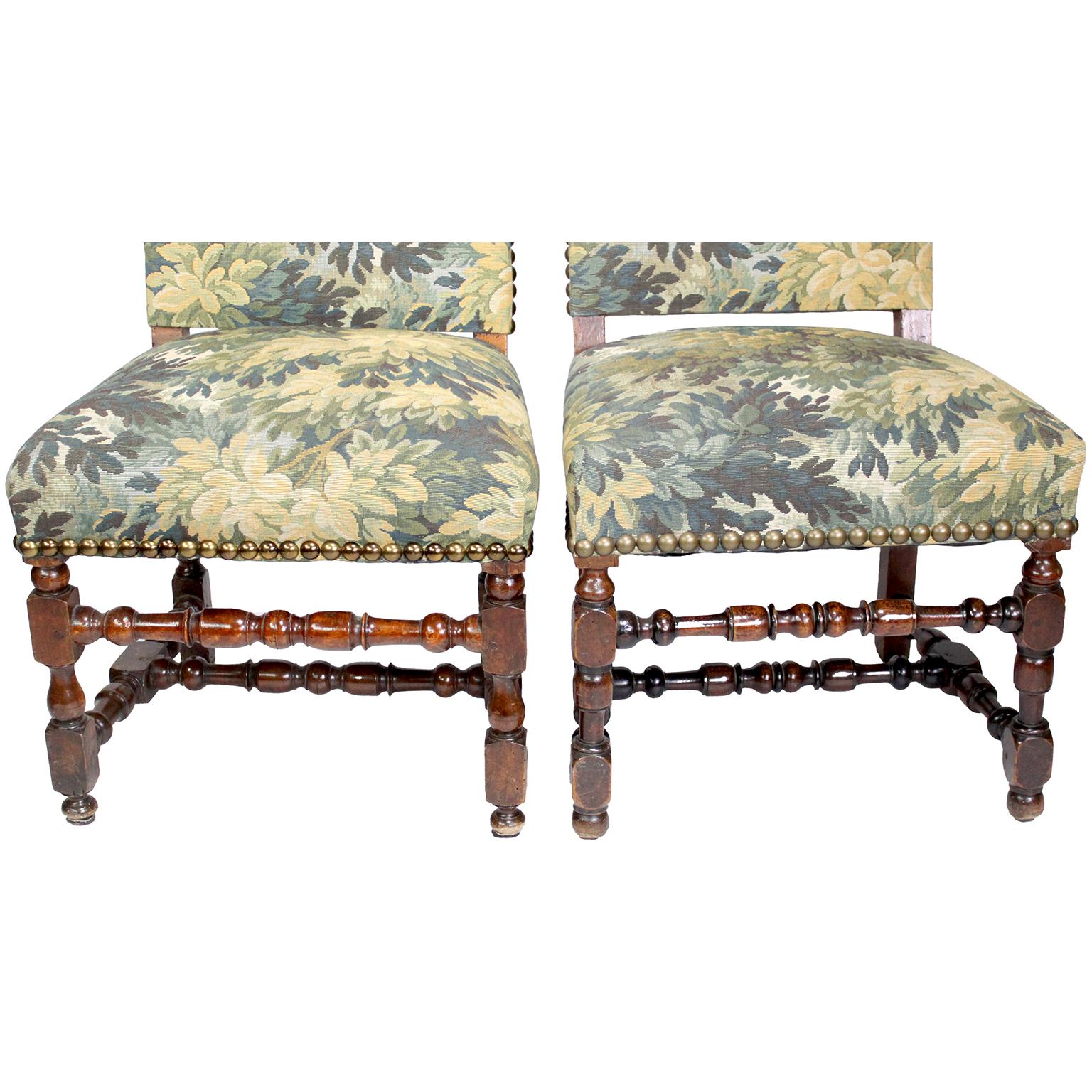 Baroque Revival 4 French 19th-20th Century Baroque Walnut Carved & Verdure Tapestry Side-Chairs