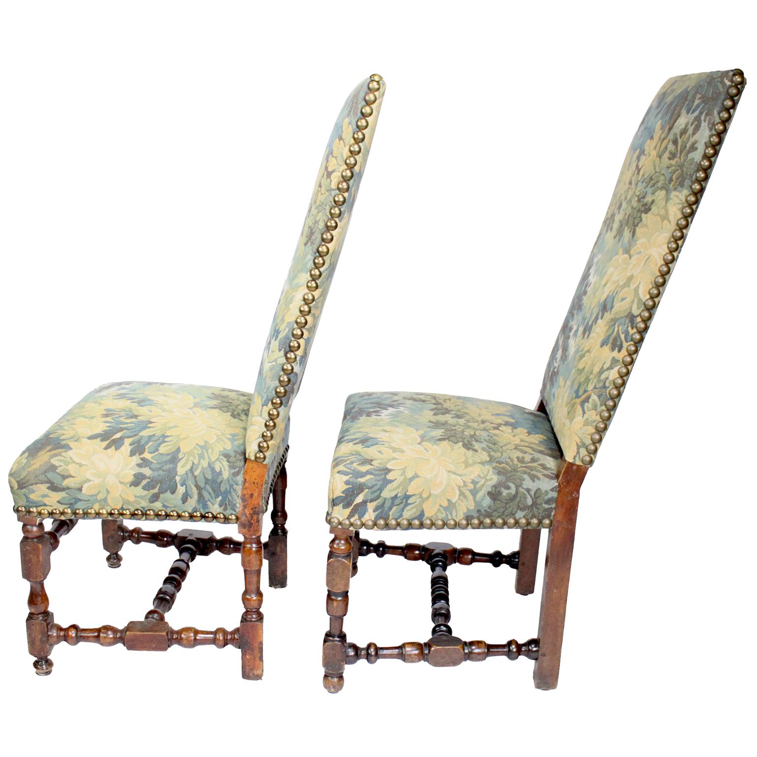 4 French 19th-20th Century Baroque Walnut Carved & Verdure Tapestry Side-Chairs 2