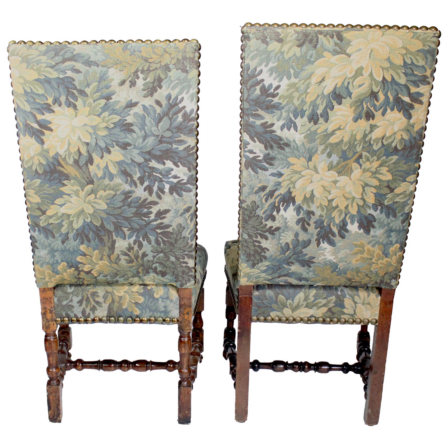 4 French 19th-20th Century Baroque Walnut Carved & Verdure Tapestry Side-Chairs 3
